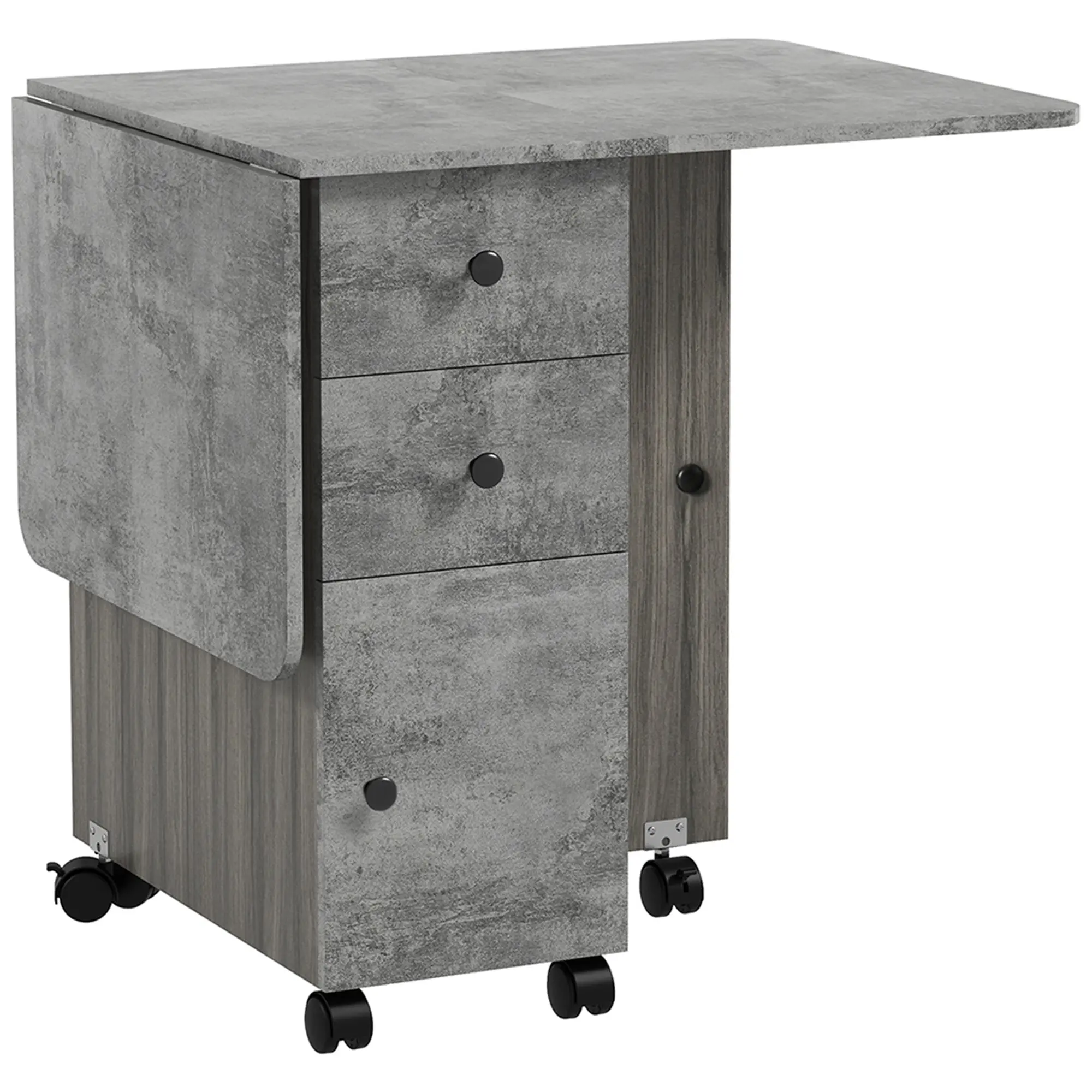 Folding Dining Table on Wheels for 4-6 with Storage Drawers, Cabinet, Grey Marble Effect
