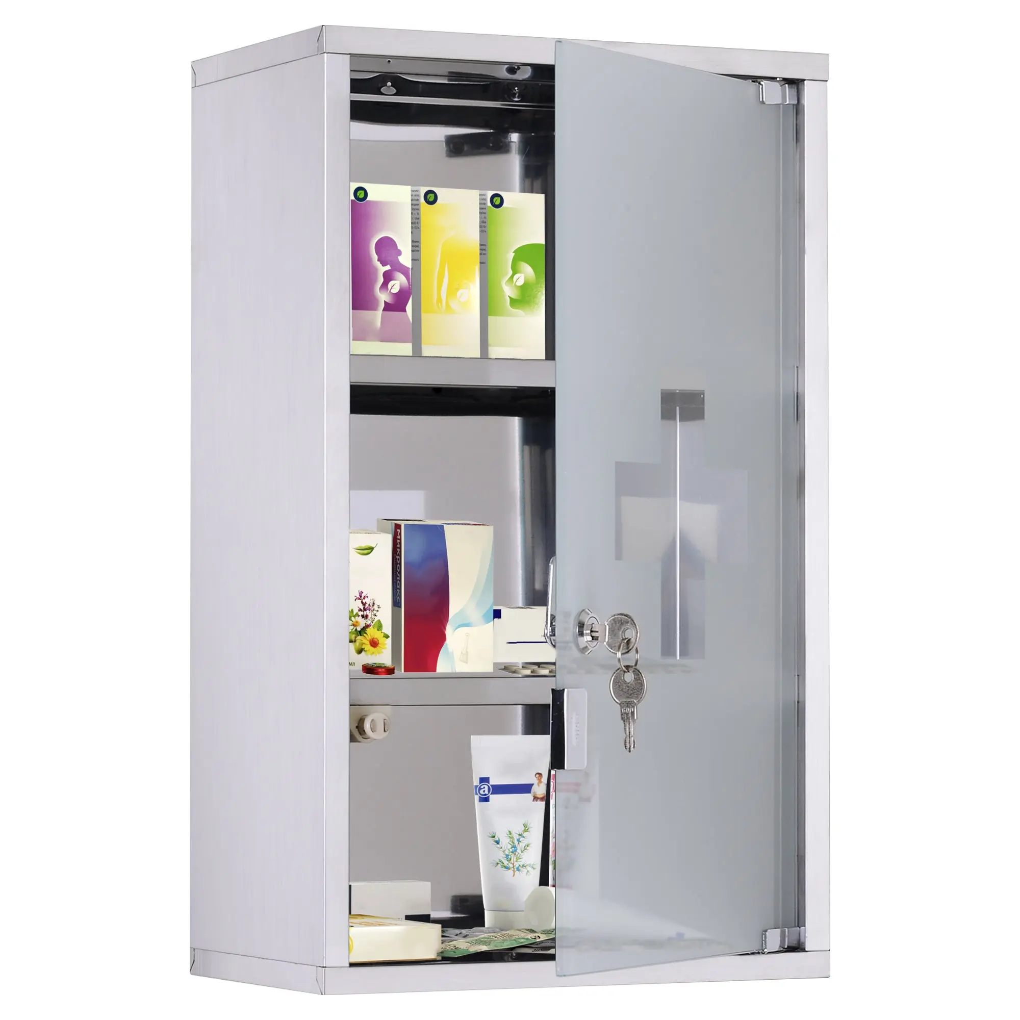 12" x 20" Stainless Steel Lockable Medicine Cabinet with 2 Keys and Shelves for Bathroom
