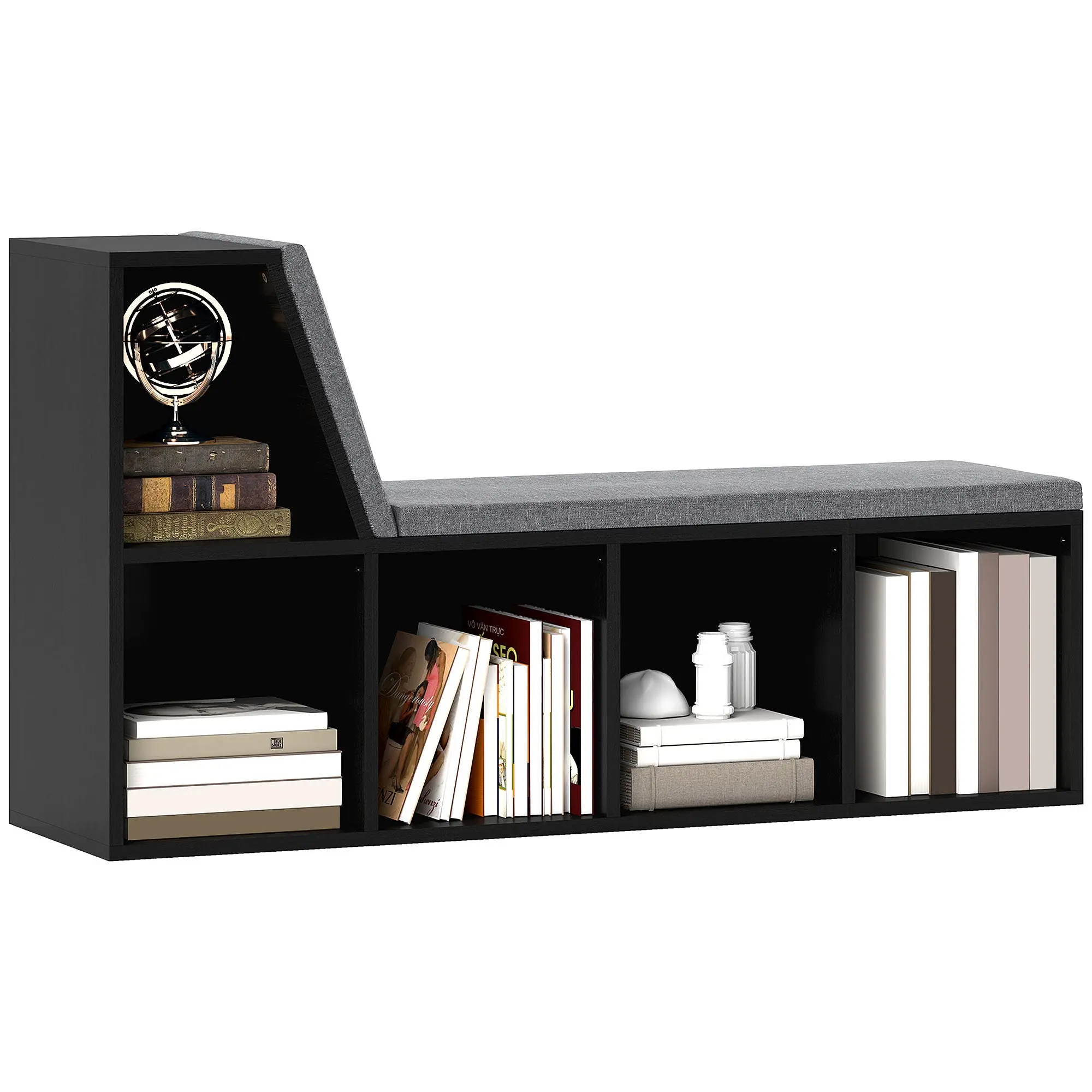 Bookcase Storage Shelf with Cushioned Reading Seat, Bookshelf Storage Cabinet for Study, Black