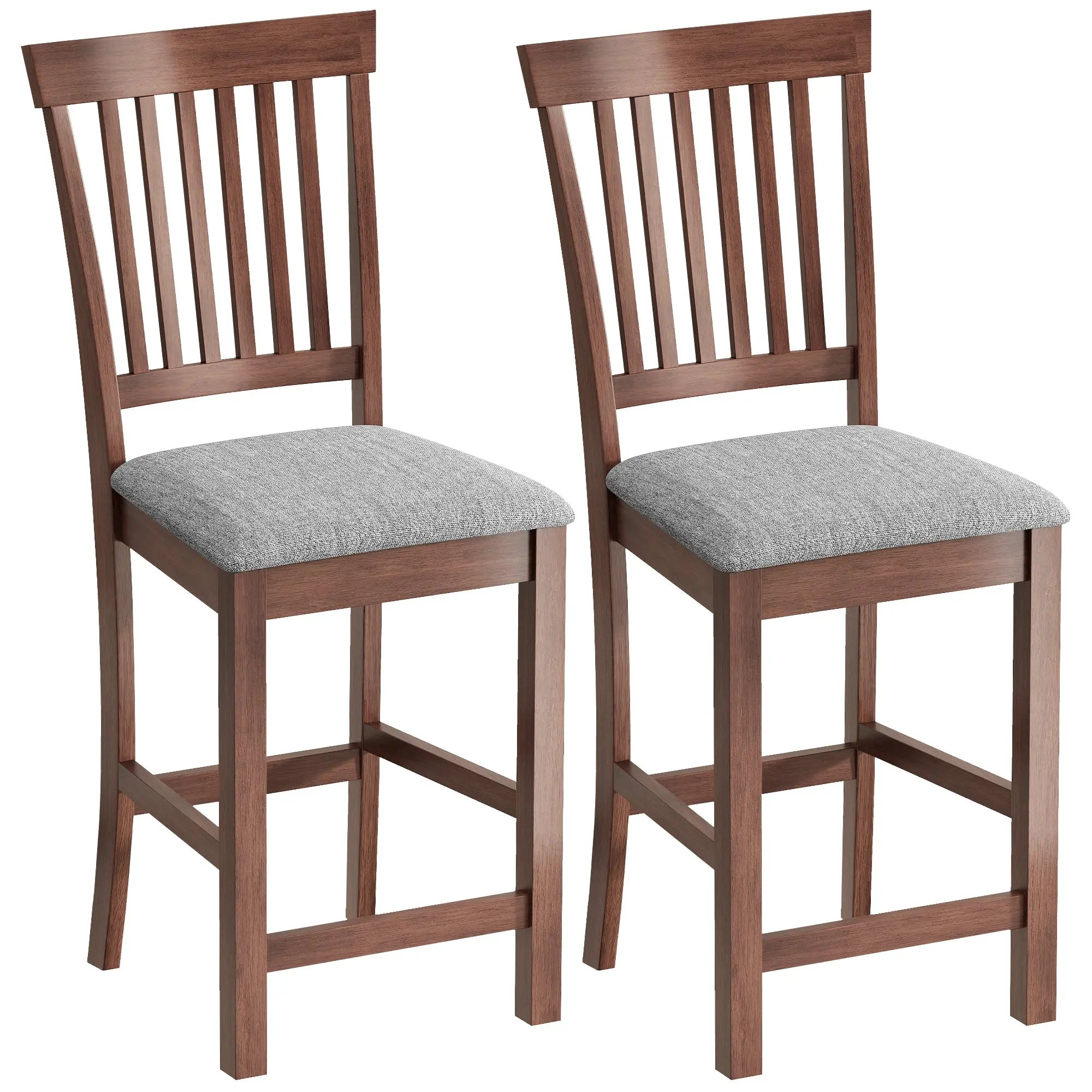 Set of 2 Counter Height Bar Stools with High Back and Rubberwood Legs, Gray & Dark Brown
