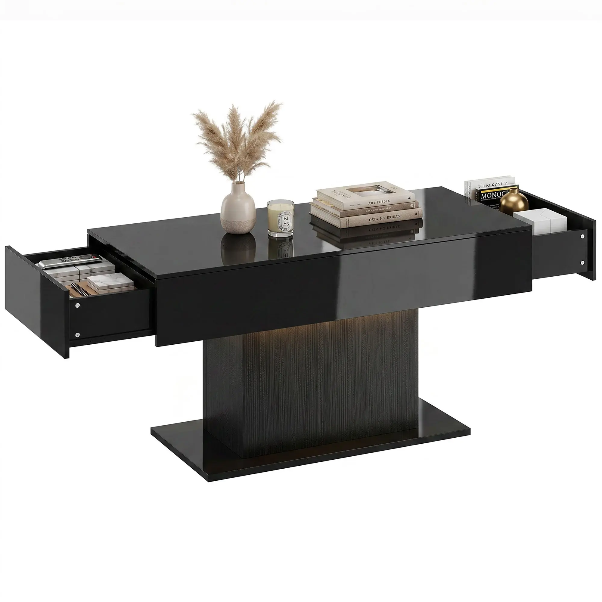 LED Coffee Table with Storage, High-Gloss, 2 Drawers and Remote Control, Black