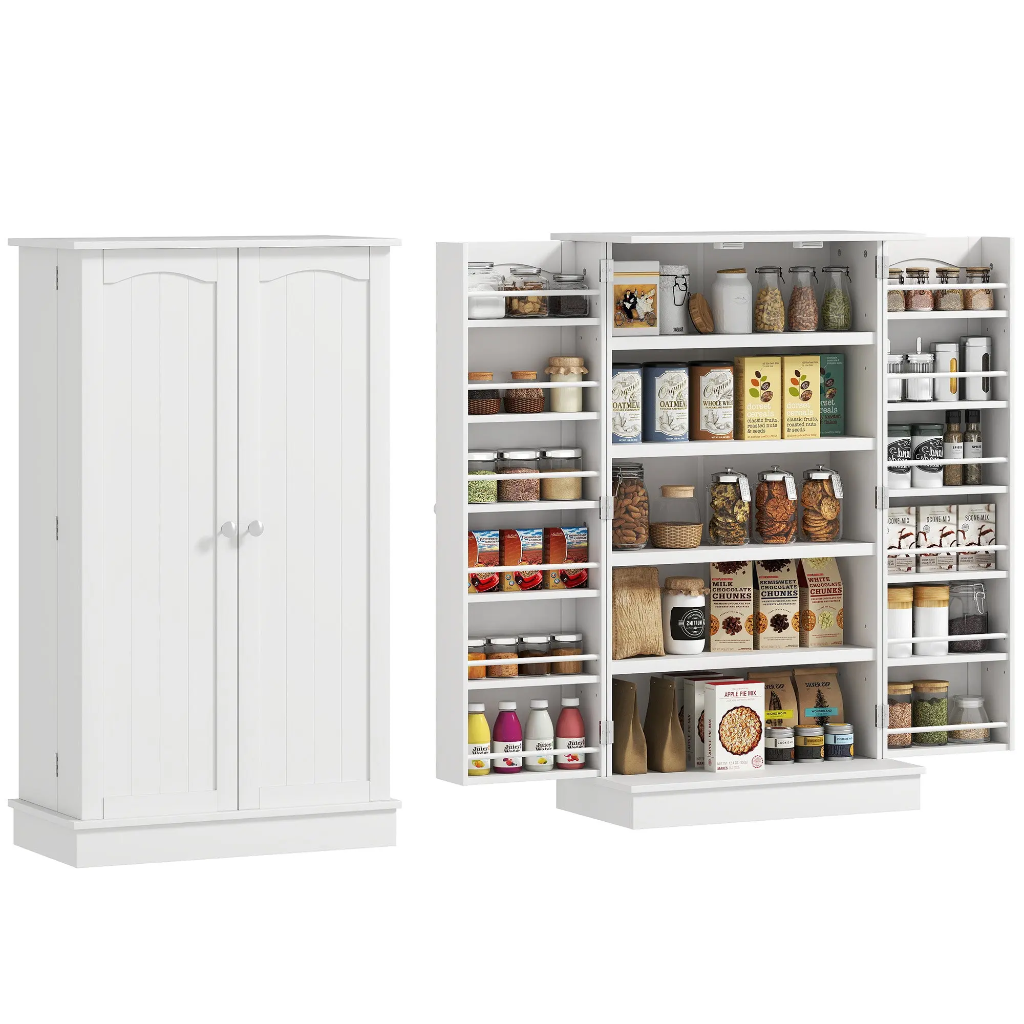 41" Kitchen Pantry Cabinet, 2-Door Buffet Storage Cabinet with 12 Spice Racks and Adjustable Shelves, White