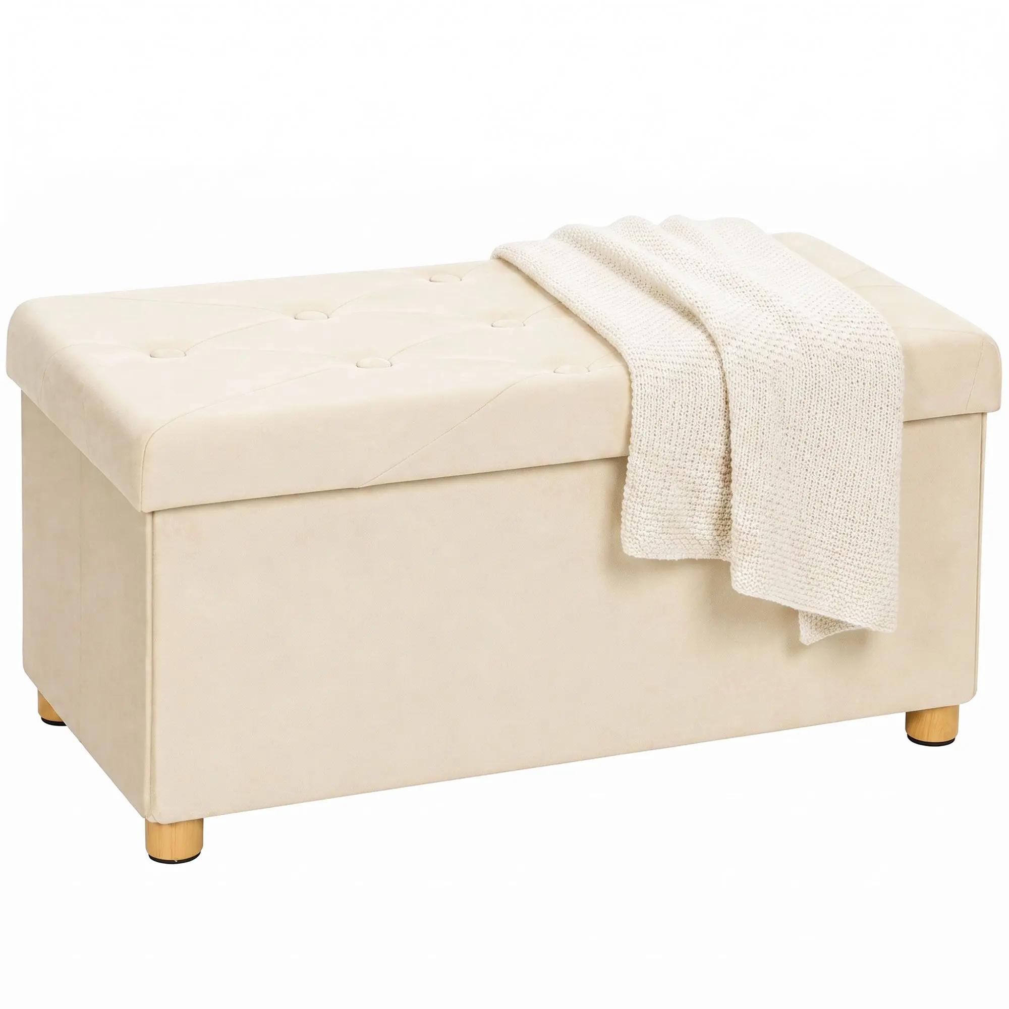 Velvet Upholstered Foldable Storage Ottoman Bench with Wood Legs for Living Room, Cream White