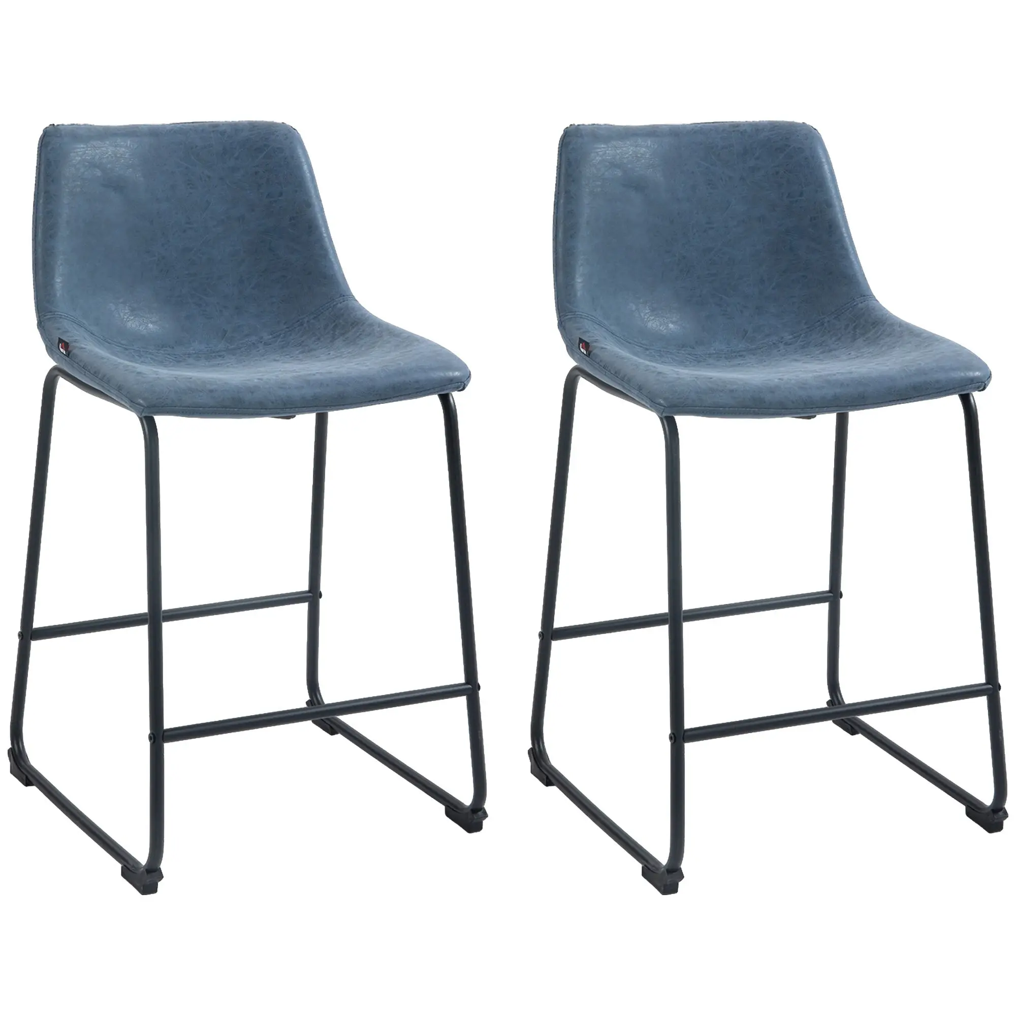 Set of 2 Vintage PU Leather Bar Stools with Footrest for Kitchen, Dark Blue