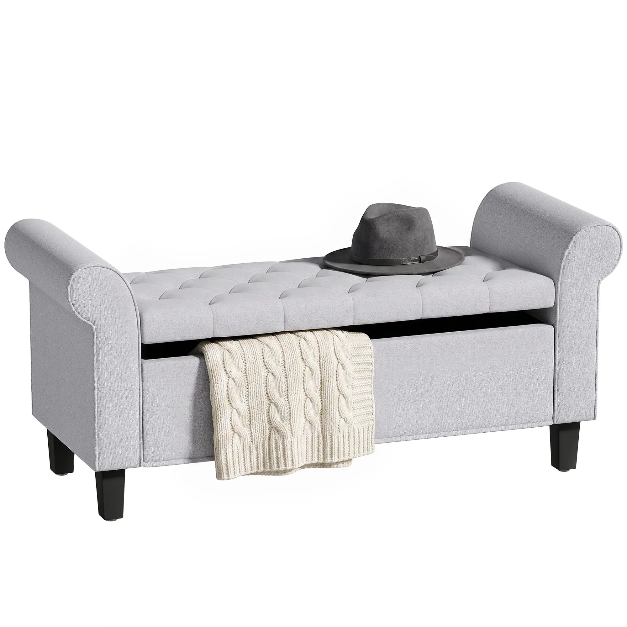 47" Tufted Upholstered Storage Ottoman Bench with Safety Hinge & Wooden Legs, Light Gray
