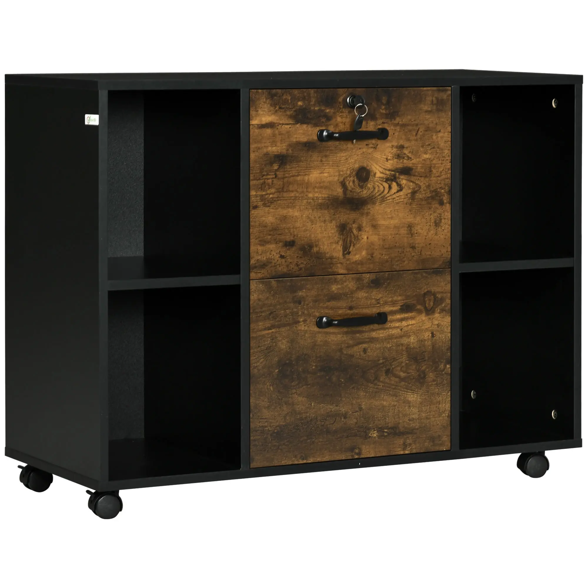Mobile Lateral Filing Cabinet with Open Shelves, Wheels & Lockable Drawer, Rustic Brown