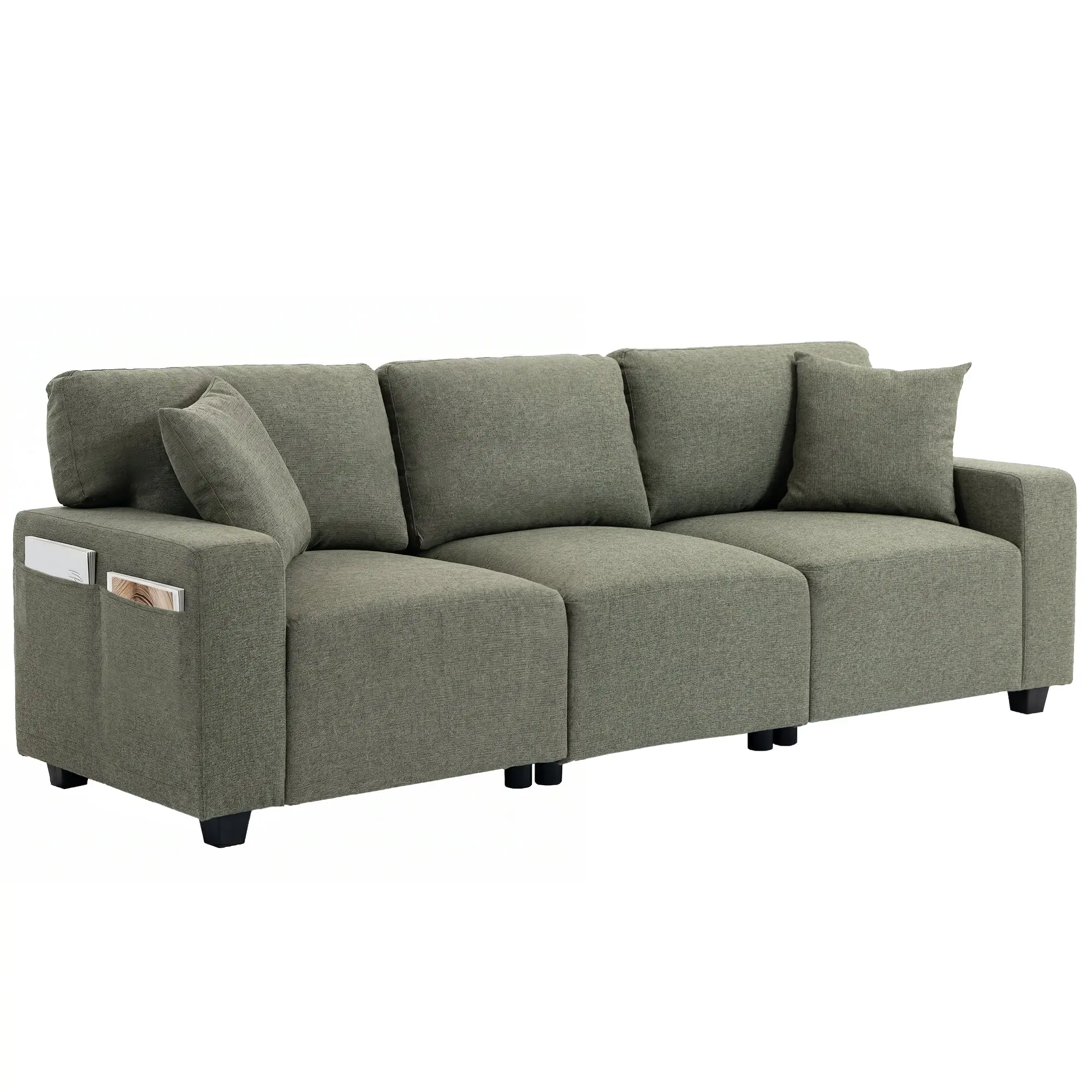 3-Seater Linen-Look Sofa with Storage Pockets, Pocket Springs, 2 Pillows, Green