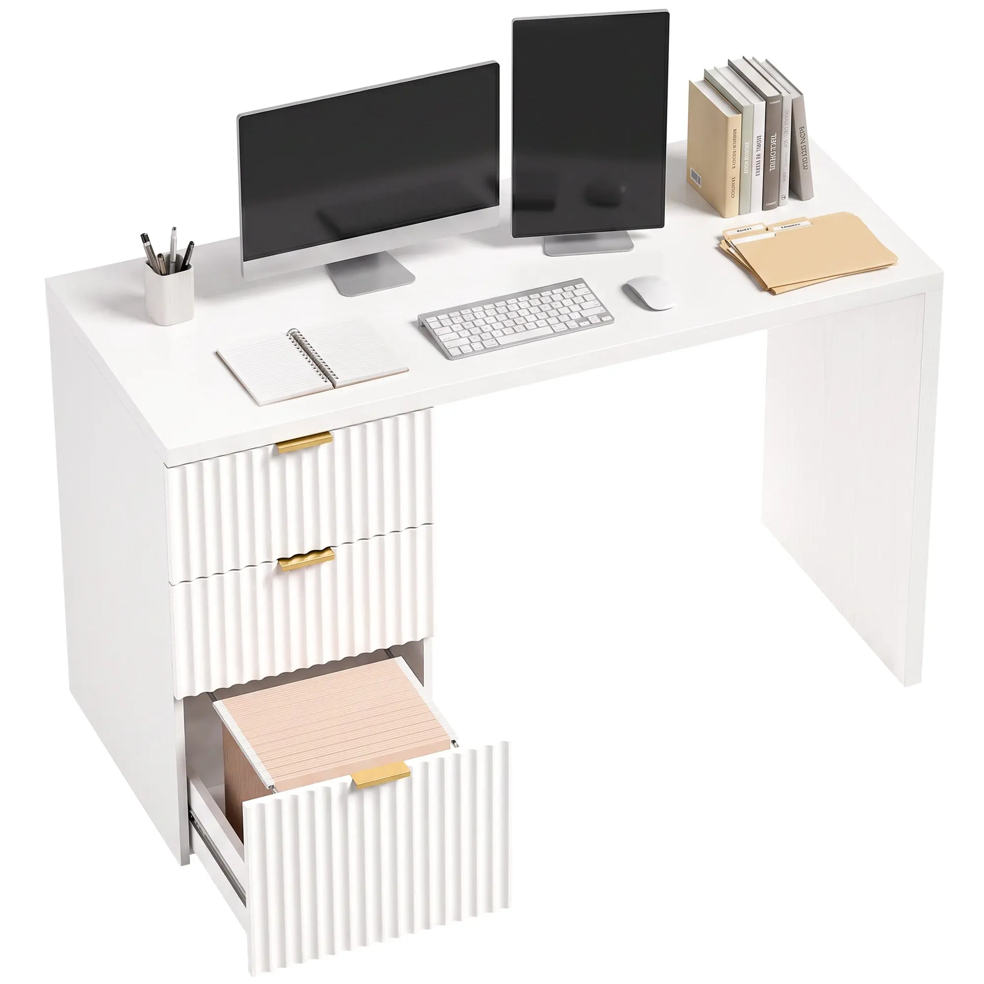 47" Computer Desk with 3 Drawers, Reversible File Drawer & Thick Top, White