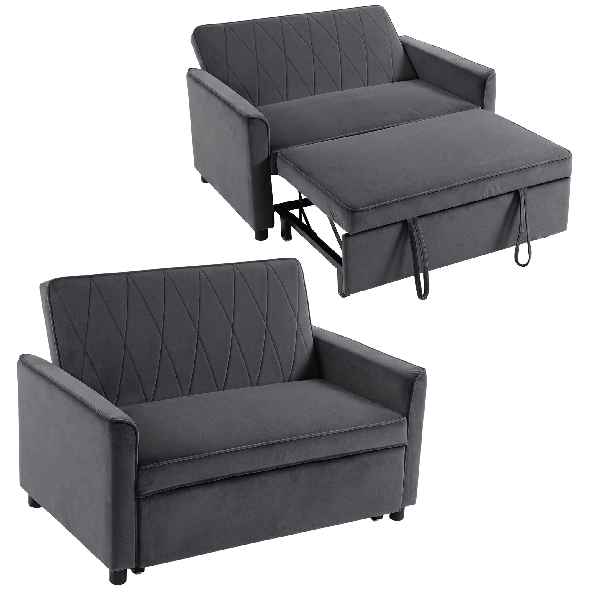 2 Seater Velvet Sofa Bed with Clik-Clack Adjustable Backrest & High-Density Foam, Dark Grey