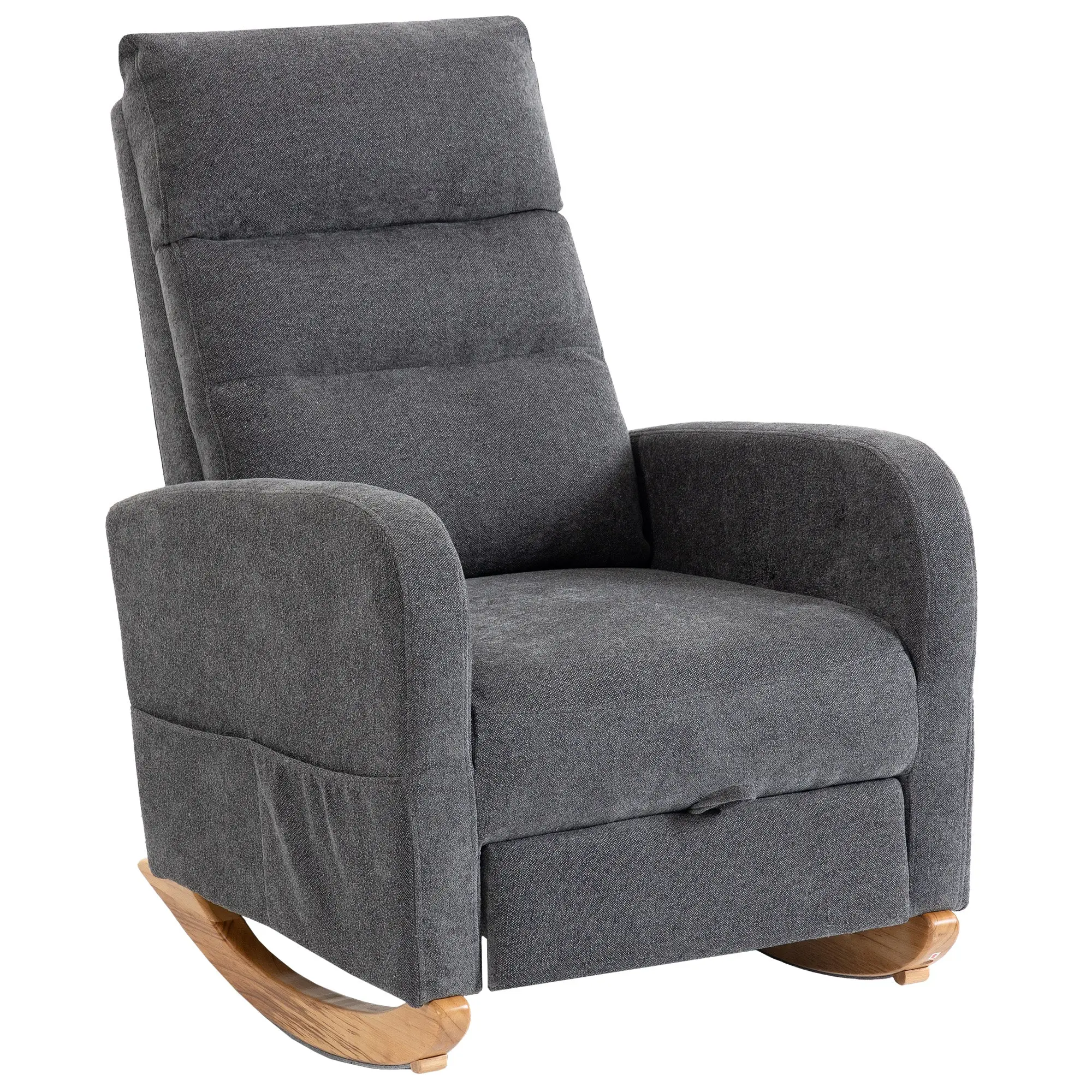 Modern Upholstered Rocking Chair with Retractable Footrest and High Back, Grey