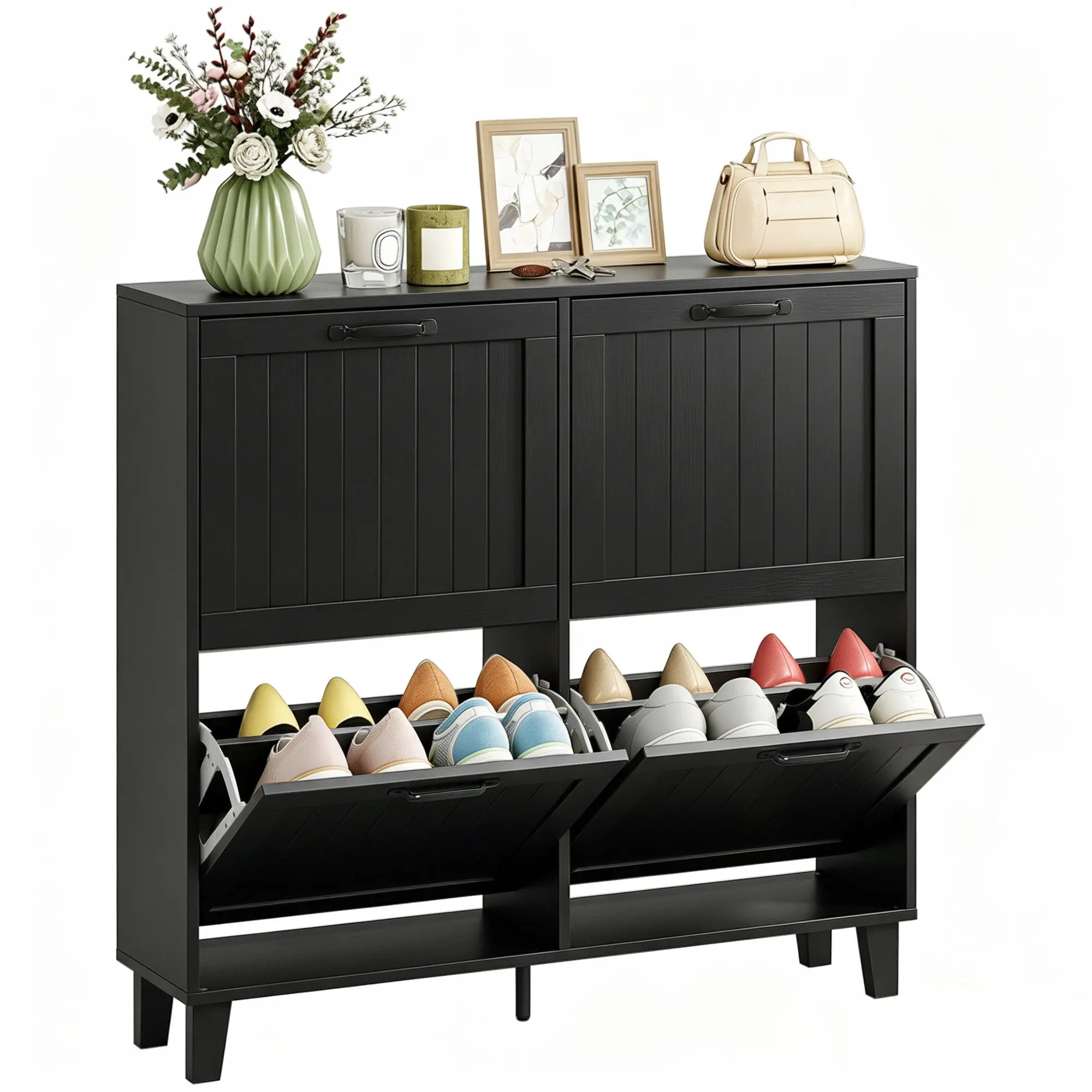 Narrow Shoe Cabinet with 4 Flip Drawers, Holds 16-20 Pairs, Bamboo Legs, Black