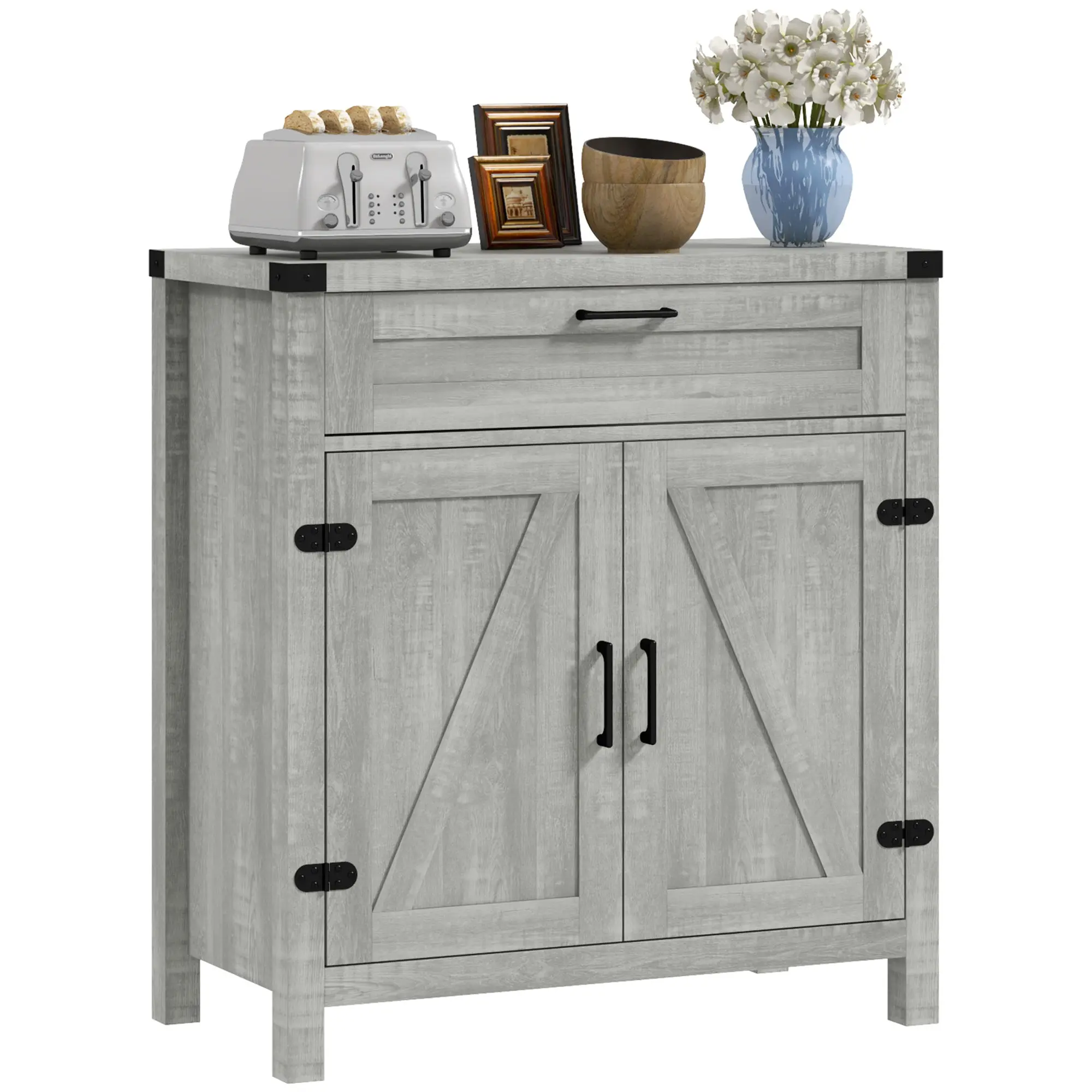 Farmhouse Sideboard, Storage Buffet Cabinet w/ 2 Barn Doors & Drawer, Gray