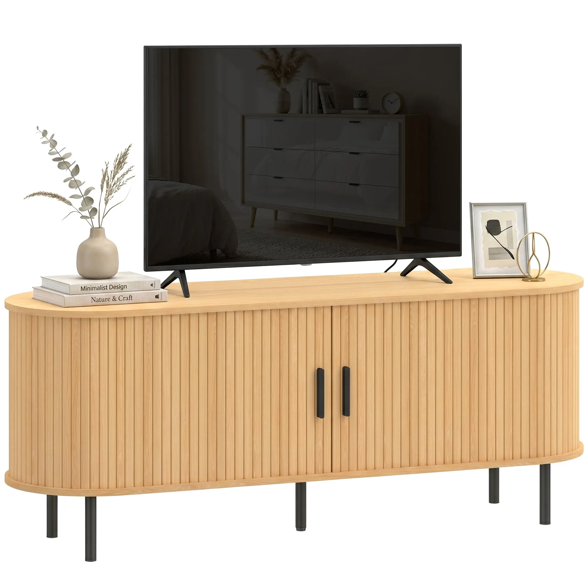 TV Stand for TVs up to 60" with Sliding Doors, 6 Compartments, Natural Wood