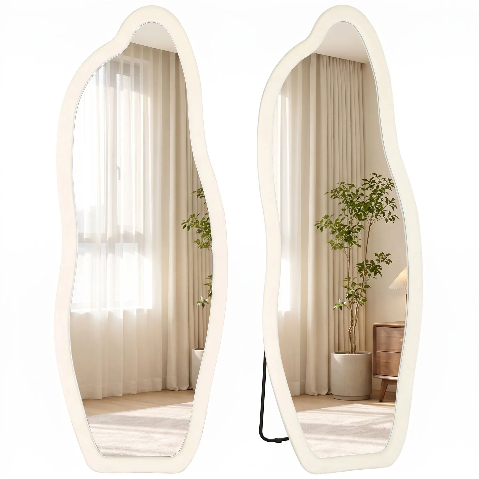 63" x 23.6" Full-Length Mirror with Velvet Frame & Arched Top, Cream White