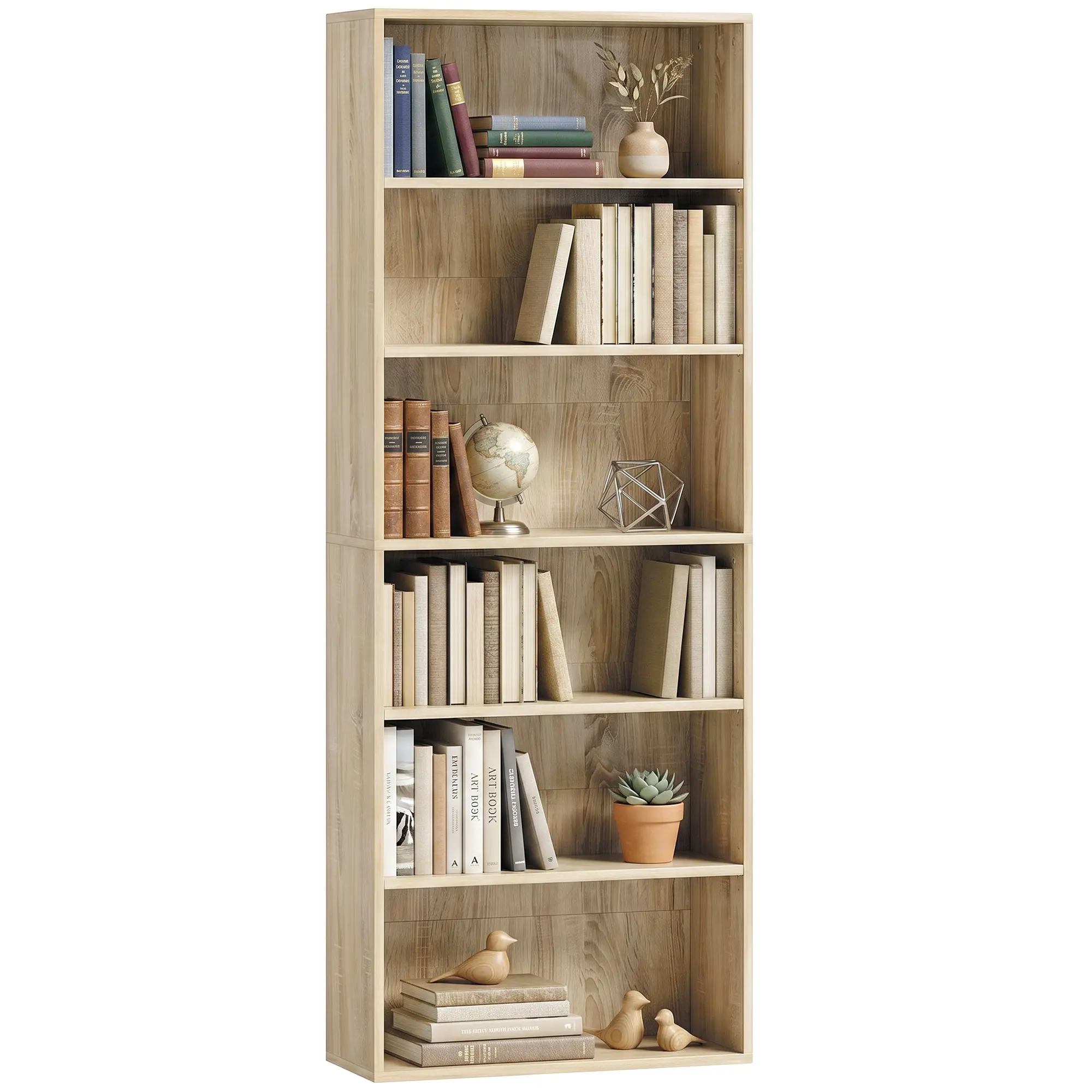 6-Tier Freestanding Bookshelf with Adjustable Shelves, Oak Wood Effect, 60 x 24 x 158.5 cm