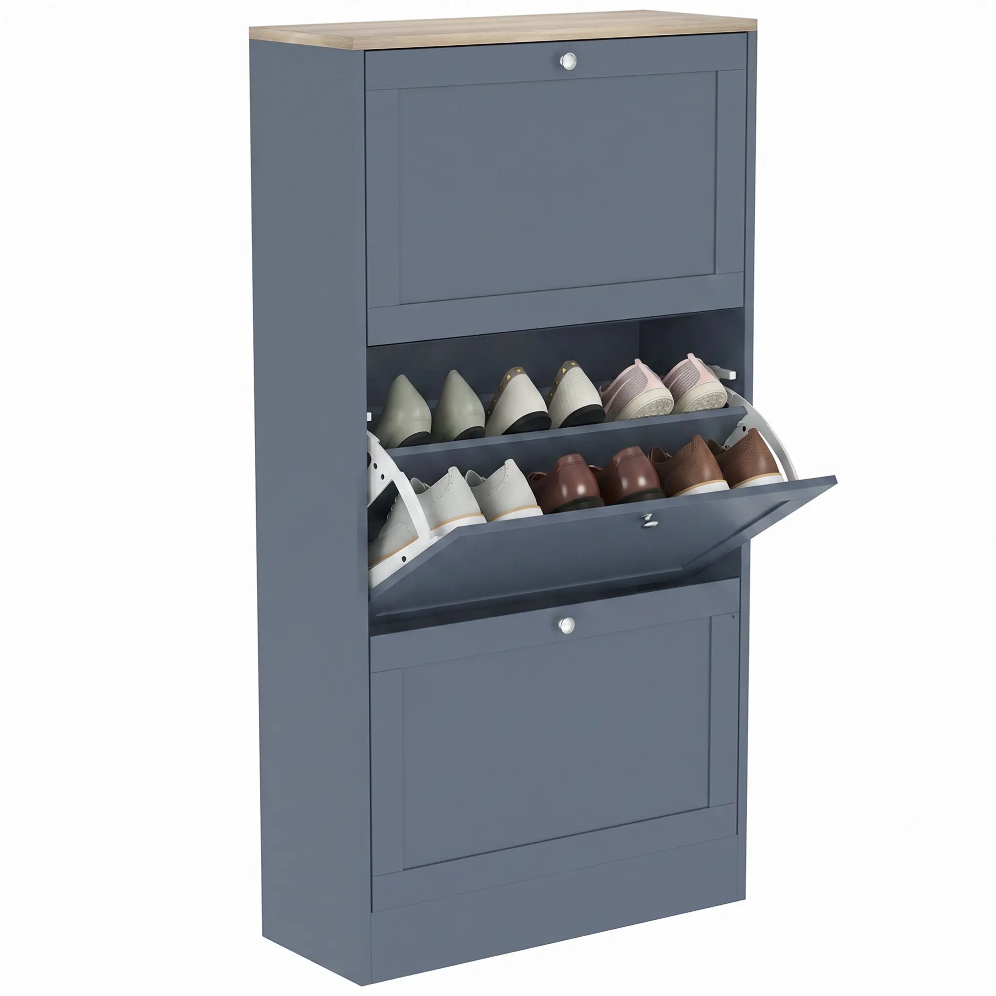Shoe Cabinet with 3 Flip Drawers & Adjustable Shelves, Fits 12-18 Pairs, Blue