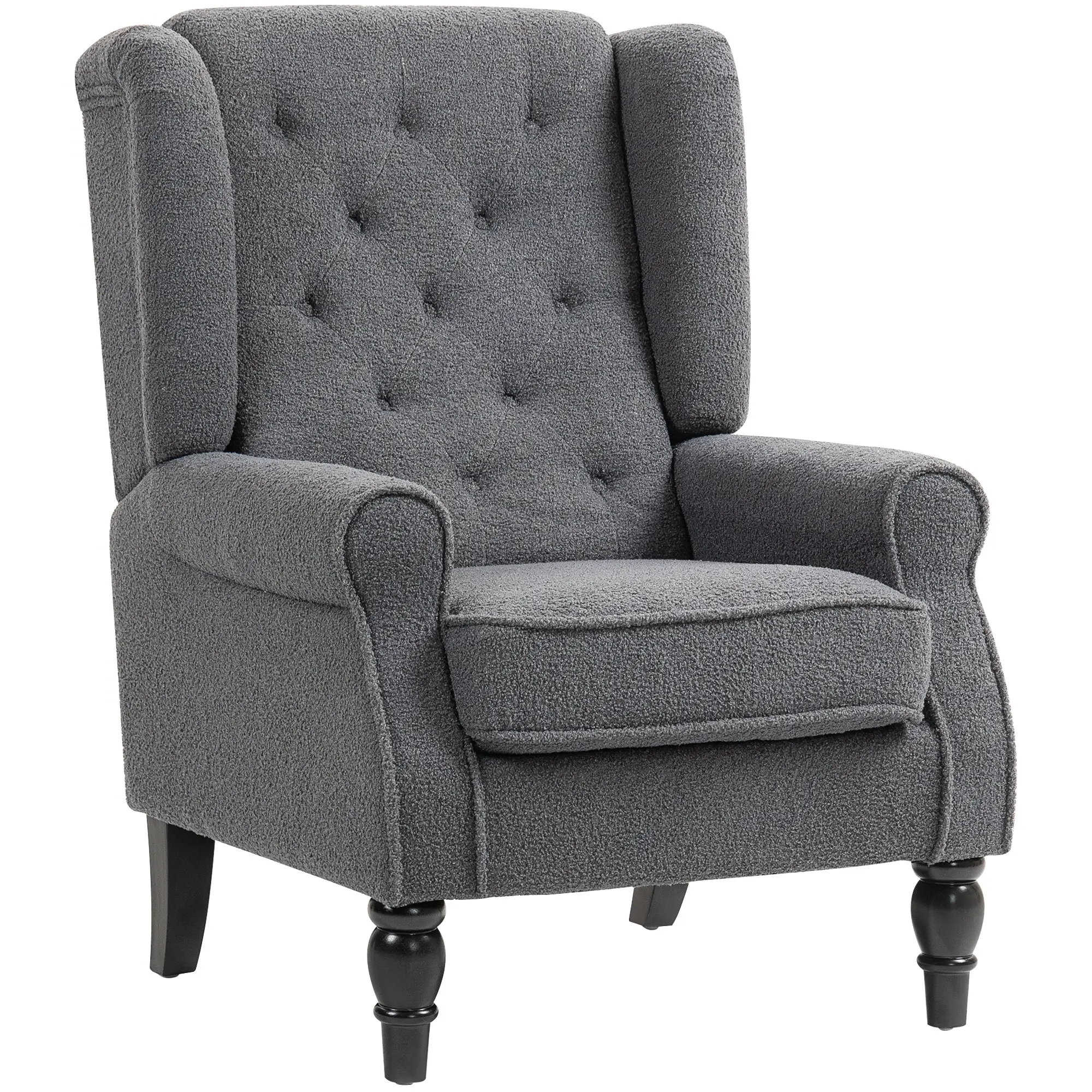 Mid Century Arm Chair for Living Room, Teddy Fleece Wingback Armchair with Wood Frame Button Tufted Design, Charcoal Grey