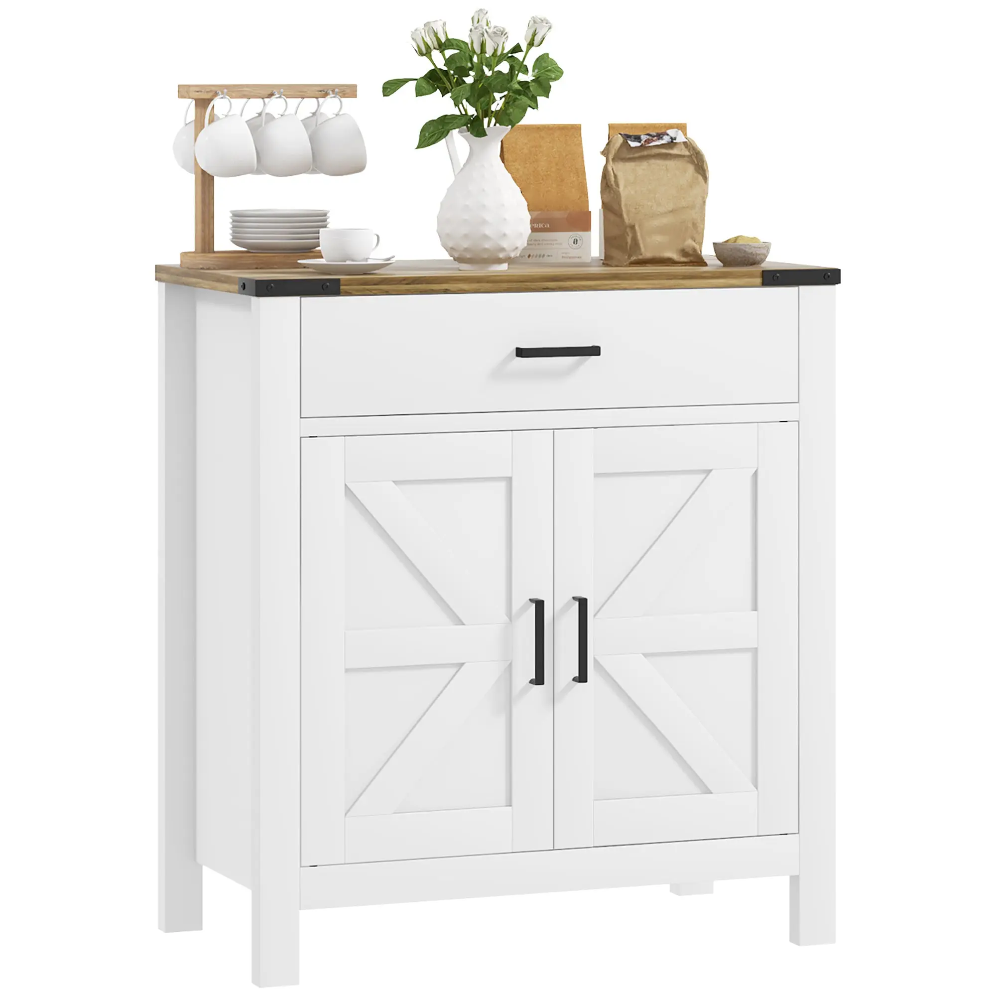 Farmhouse Sideboard with 1 Drawer 1 Cabinet & Barn Door Adjustable Shelf, White