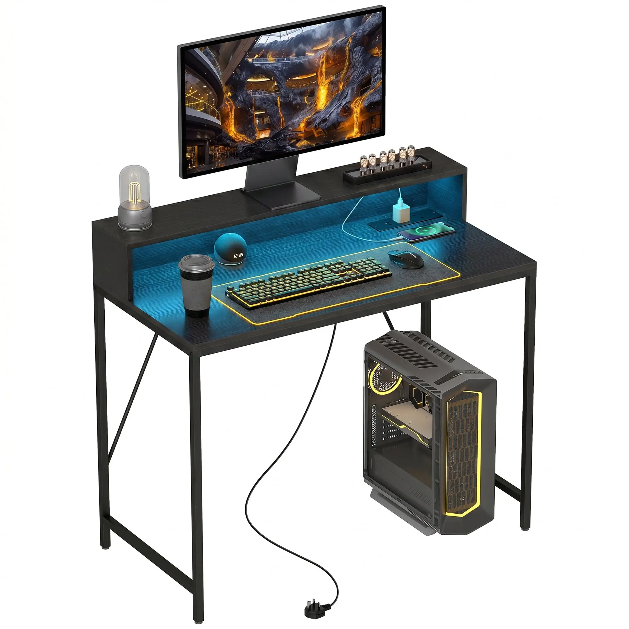 100cm Gaming Desk with LED & Power Outlets, Monitor Stand, Black Wood-Effect