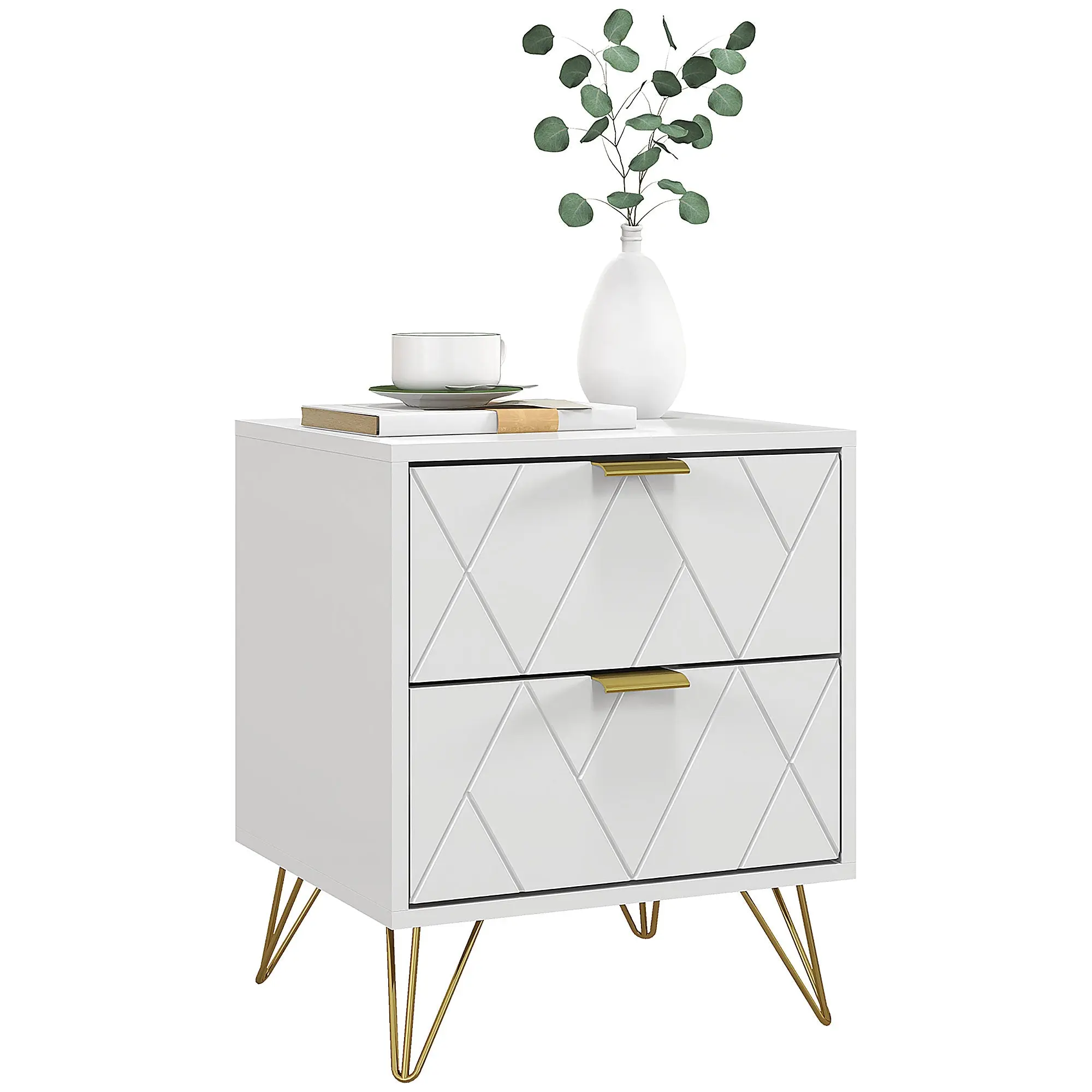 Modern Nightstand with 2 Drawers, Sofa End Table with Storage & Gold Hairpin Legs, White