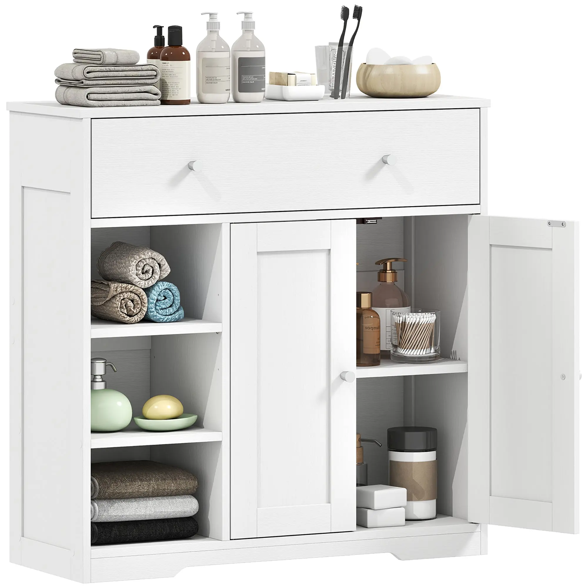 Freestanding Bathroom Floor Cabinet with Drawer, Door & Open Shelves, White