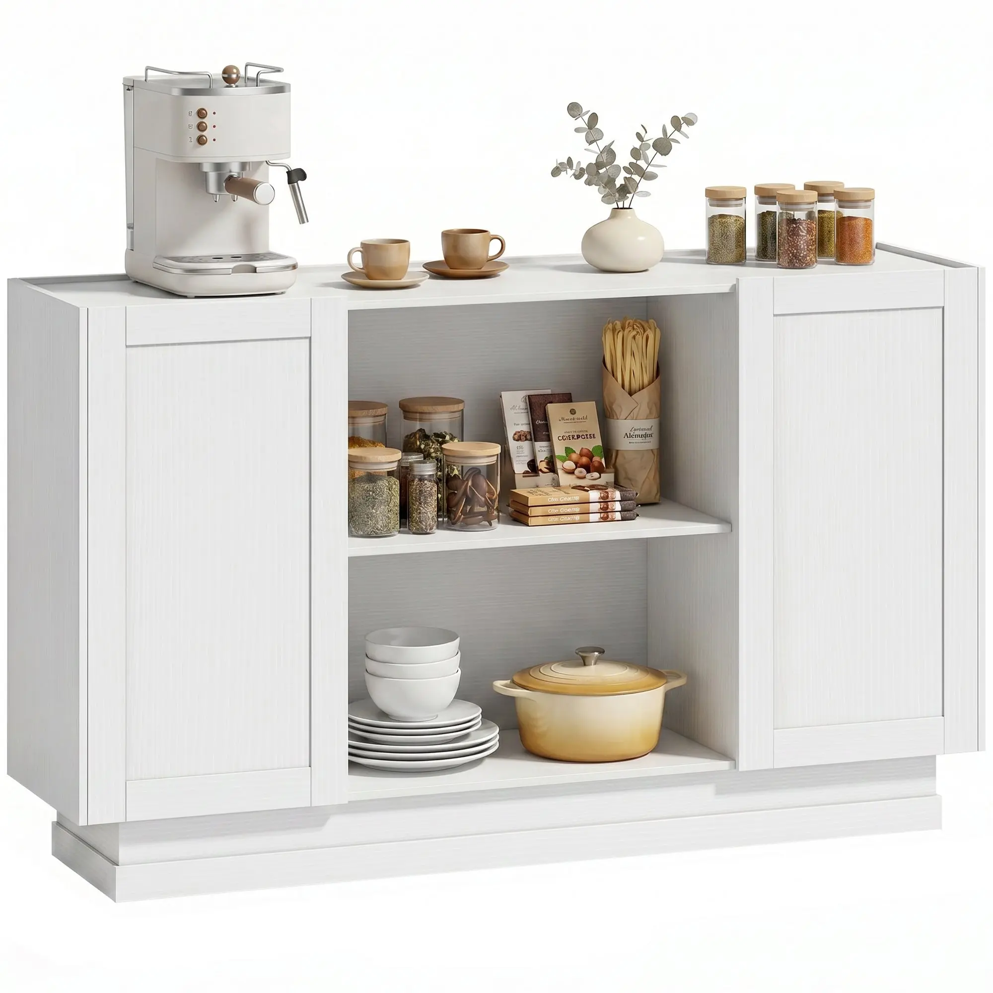 133 cm Modern Farmhouse Sideboard Buffet Cabinet with 2 Open Shelves & 2 Soft-Close Cupboards, White