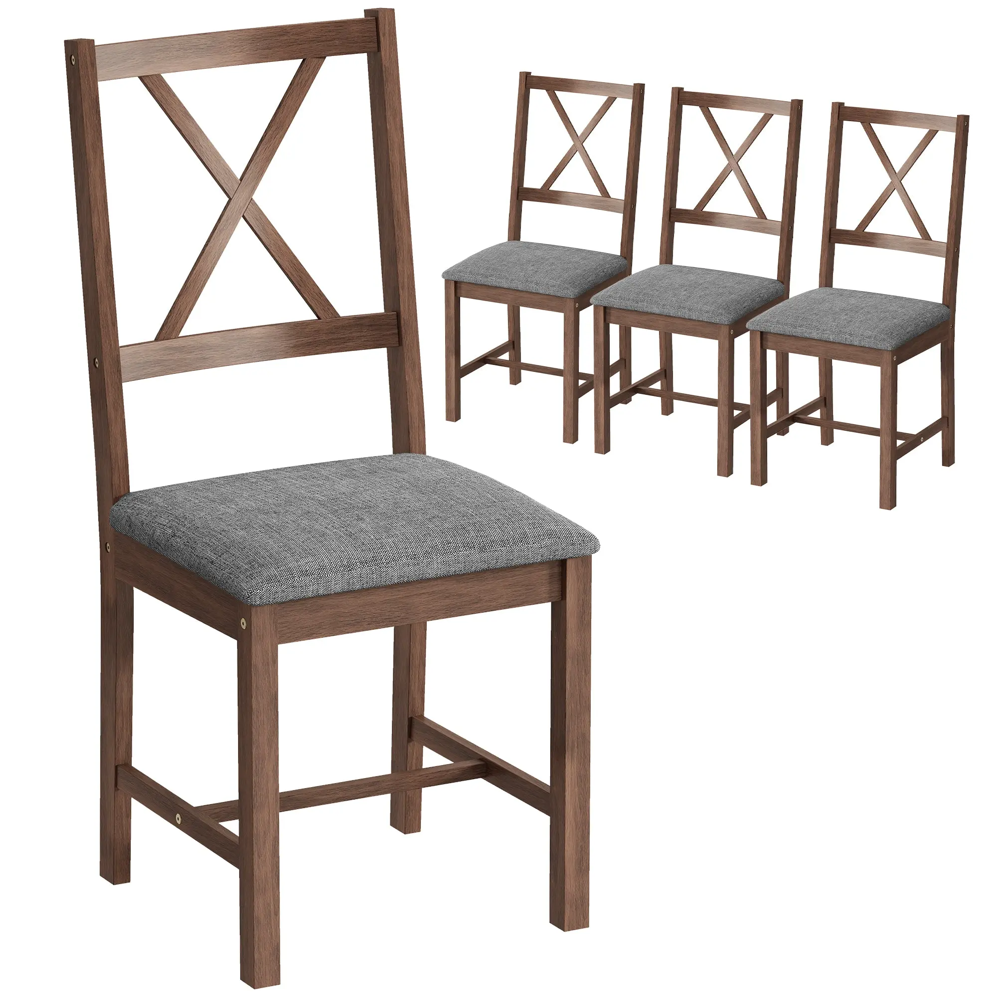 Set of 4 Upholstered X-Back Farmhouse Dining Chairs w/ Padded Seat & Rubberwood Legs, Gray