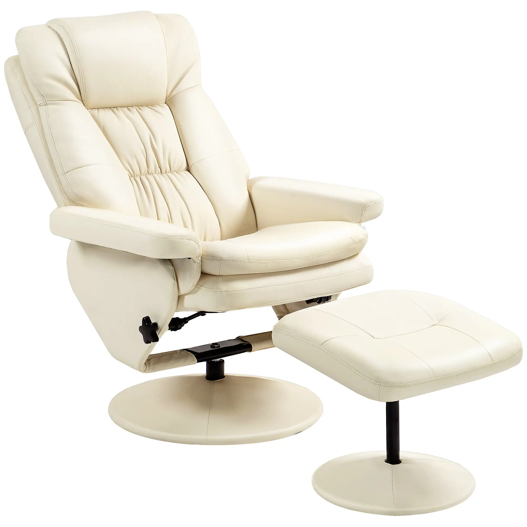 PU Leather Recliner Chair w/ Ottoman, Swivel Recliner w/ Round Wrapped Base, Cream White
