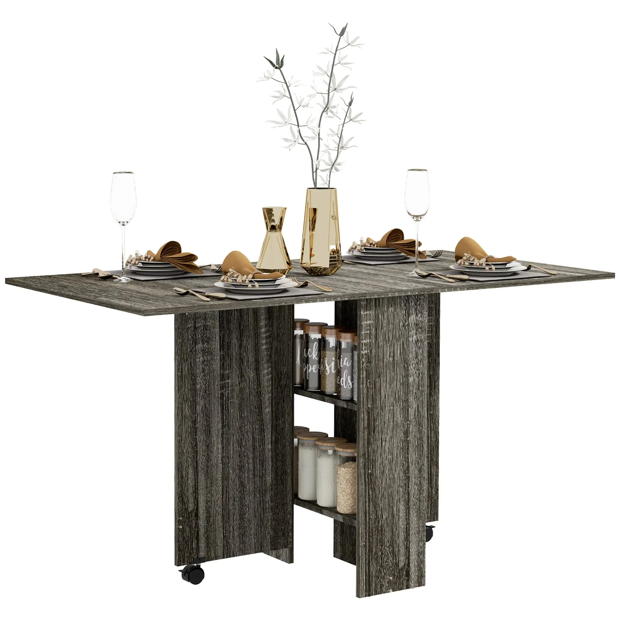 Folding Drop-Leaf Dining Table with 2-Tier Shelves and Rolling Casters, Grey