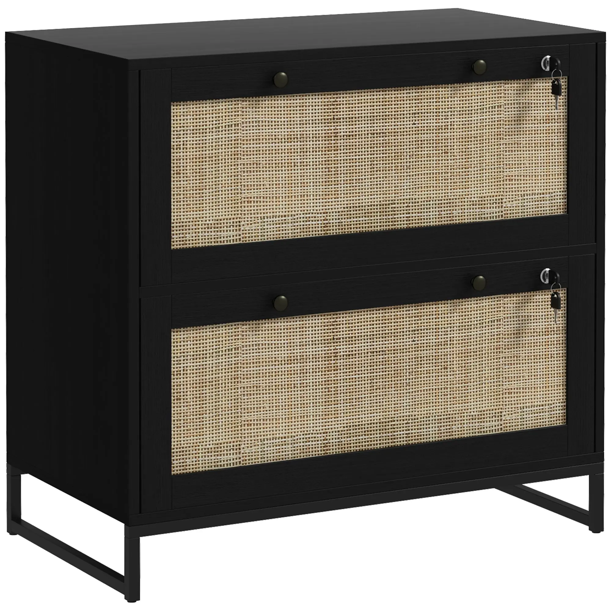 2-Drawer Rattan Filing Cabinet with Lock & Adjustable Hanging Bar for Letters, Black