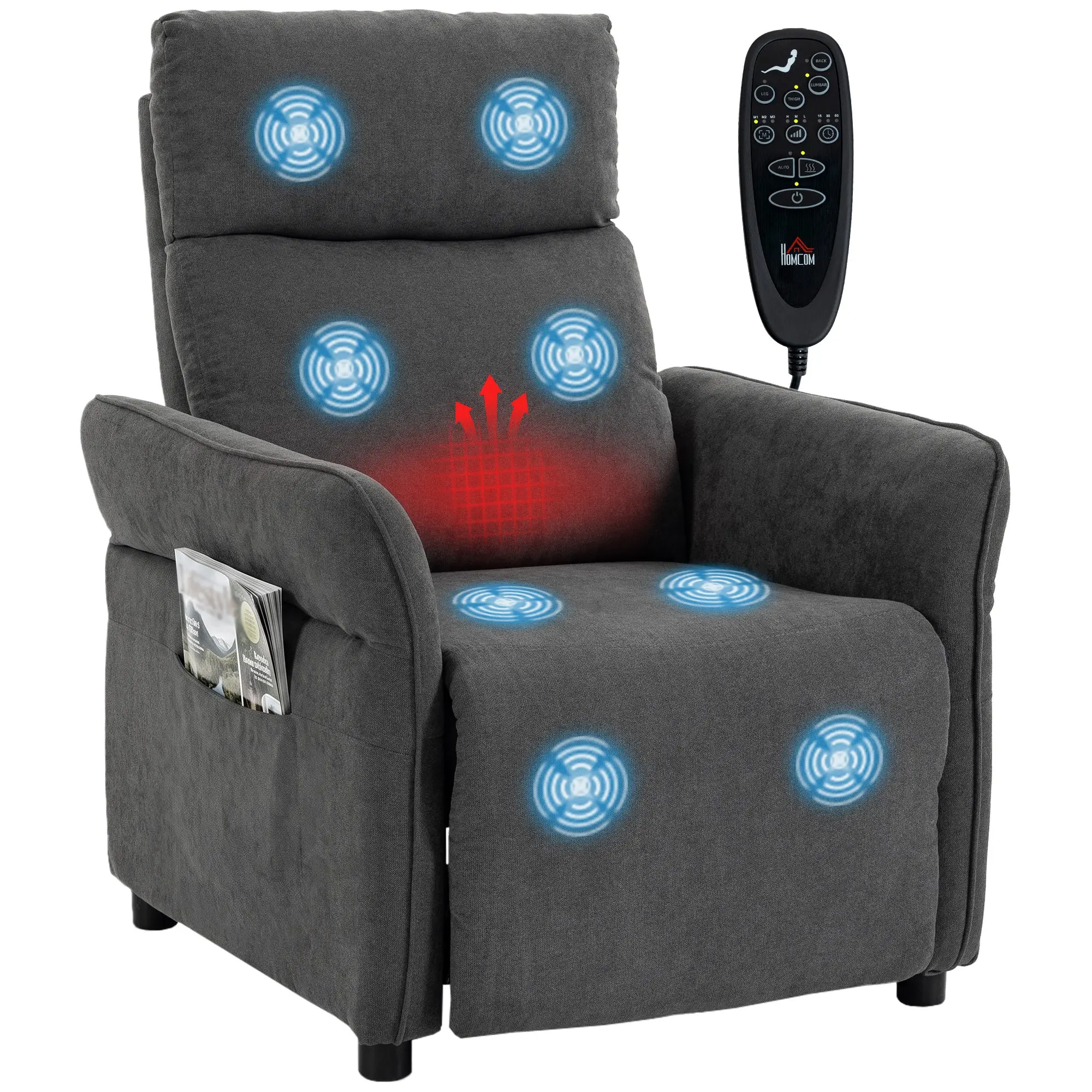 Push-Back Recliner Armchair with Massage & Heat, Footrest, Pockets, Dark Grey