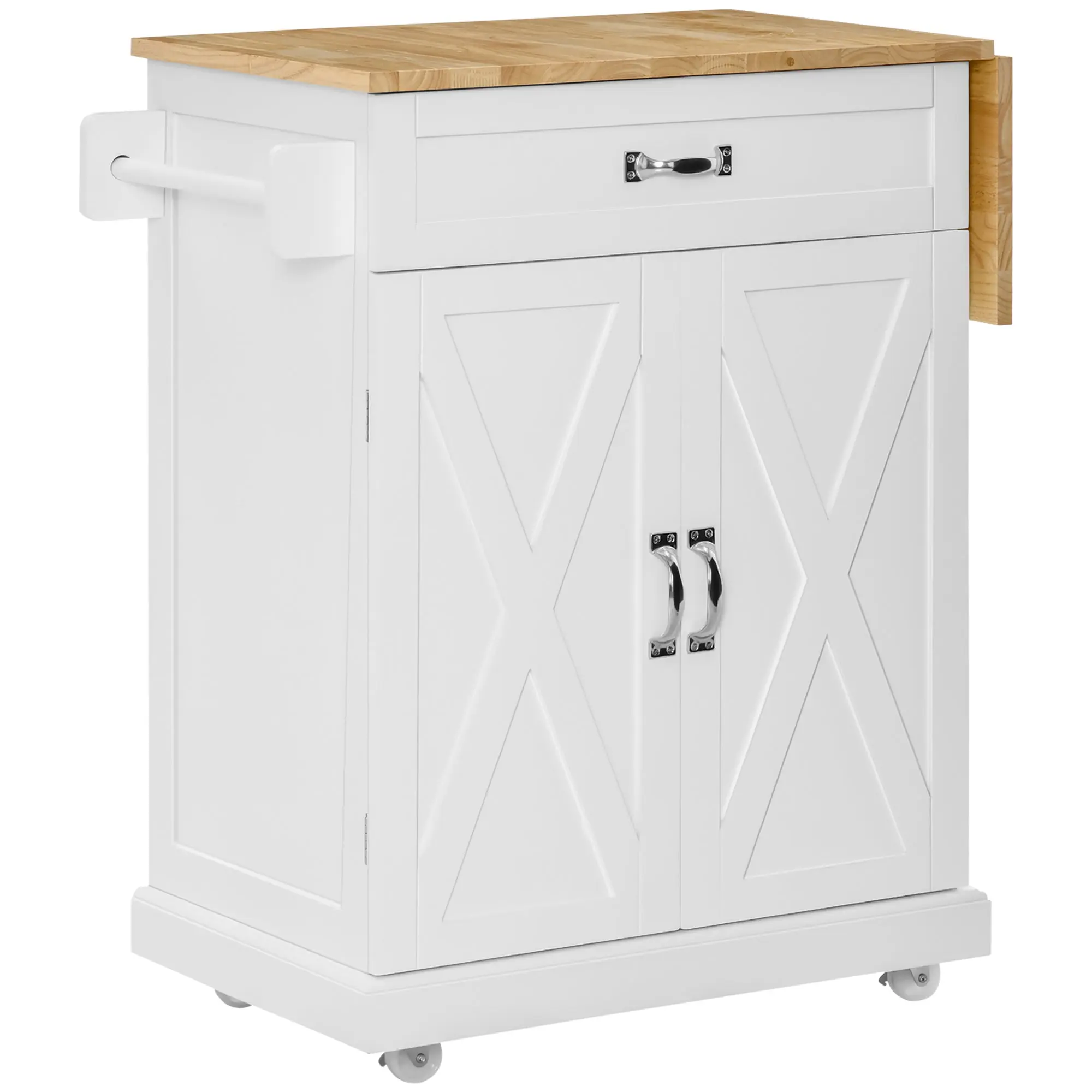Foldable Kitchen Island on Wheels with Drop Leaf Wood Top, White