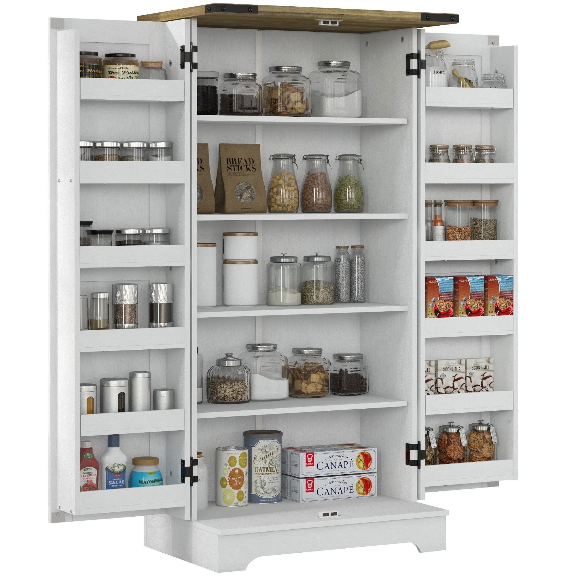 47" Farmhouse Pantry Cabinet with Adjustable Shelves, Cream White Wood Grain