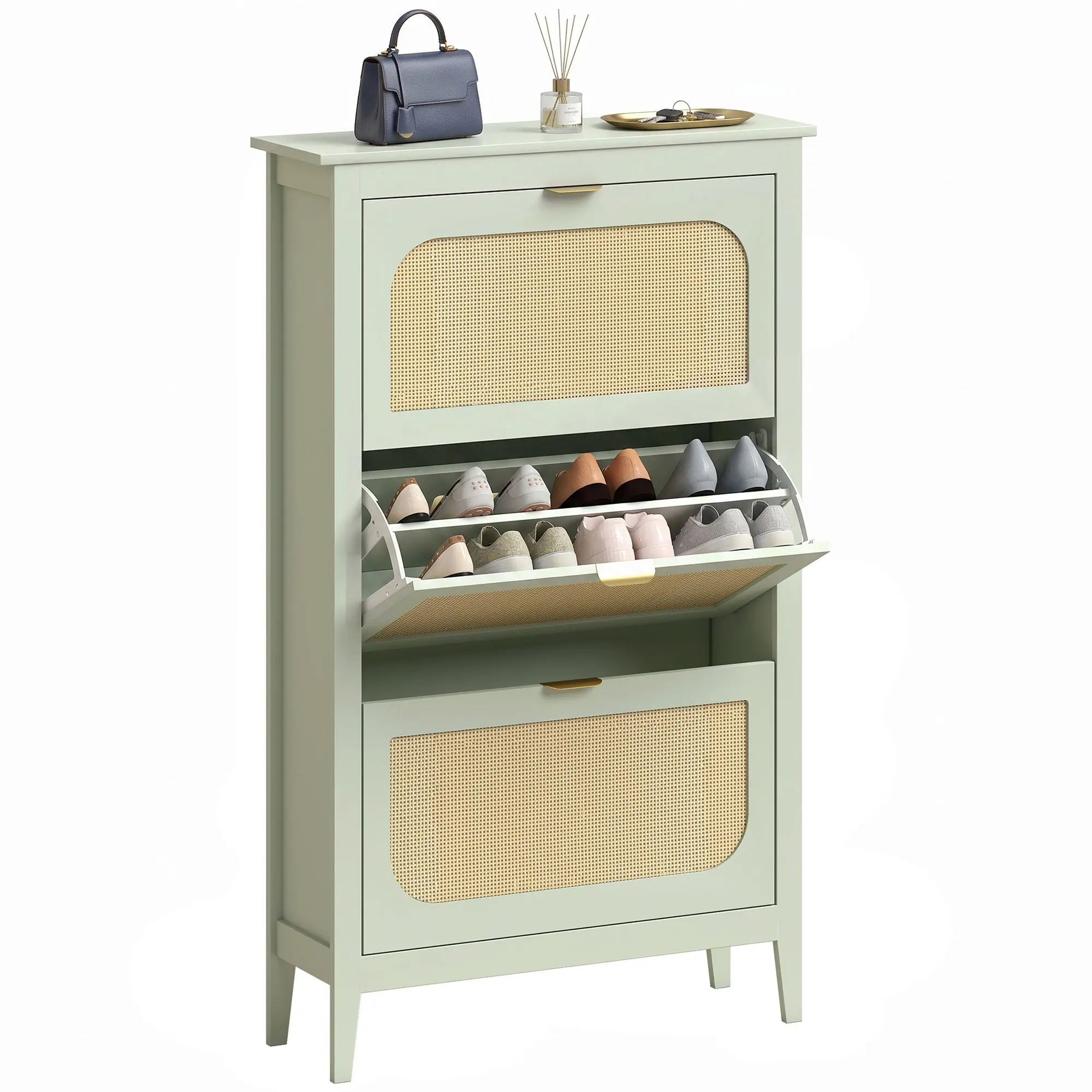 Slim Boho Shoe Storage Cabinet with 3 Flip Drawers & Rattan Doors, Holds 21 Pairs, Light Green