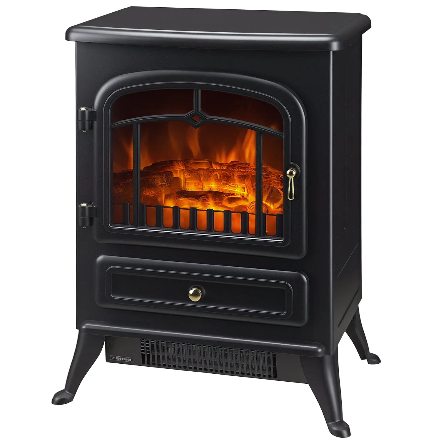 16" Freestanding Electric Fireplace Heater Fire Stove with Wood Burning Flame 750/1500W Black