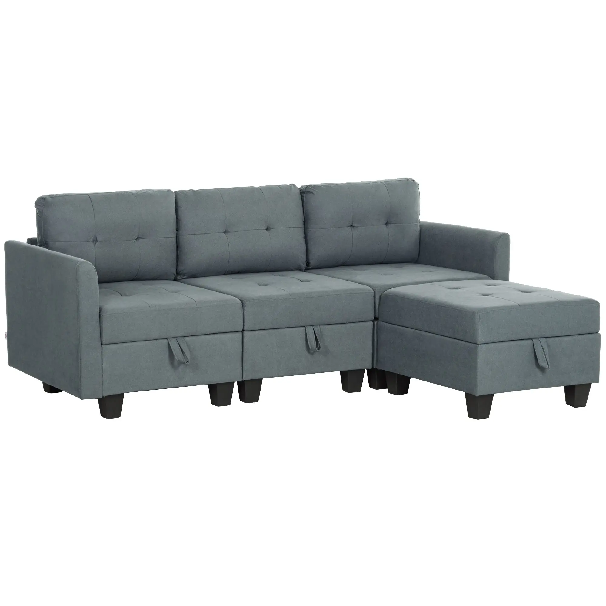 Convertible Sectional Sofa, 3 Seater Sofa Set with Ottoman& Storage, Dark Grey