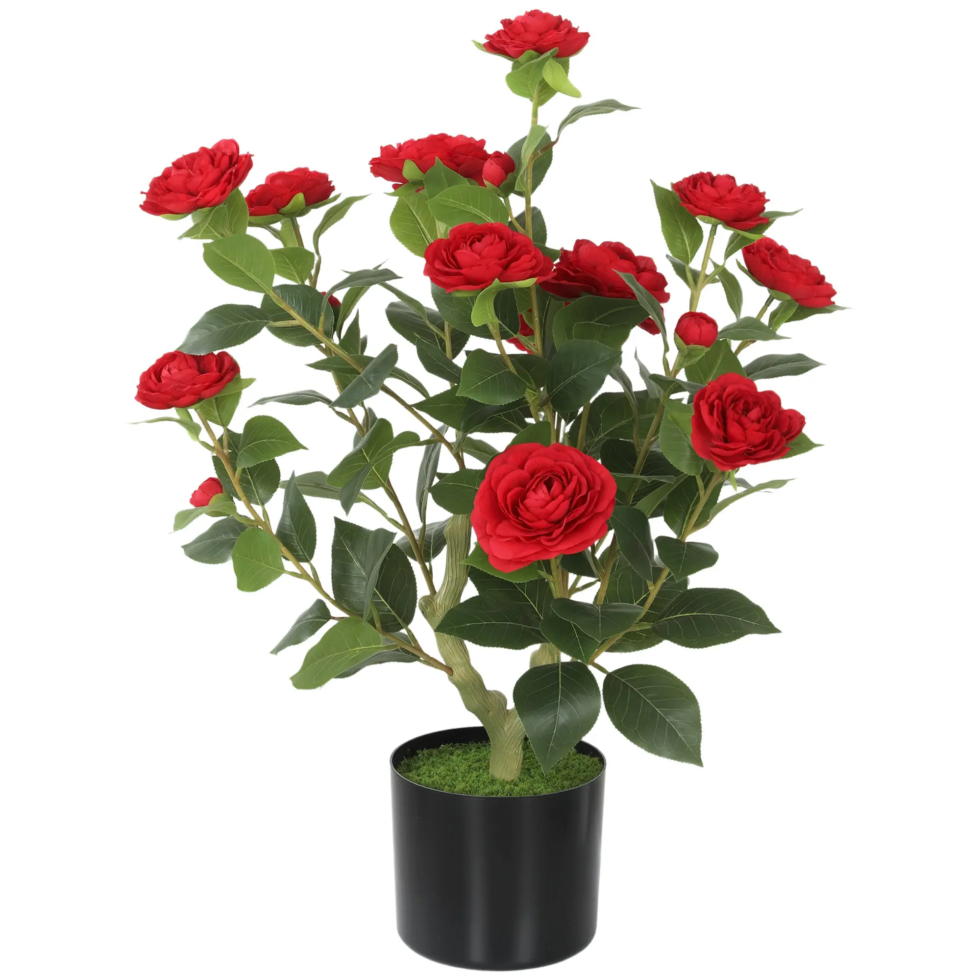 65cm Artificial Camellia in Pot with Moss Effect and 116 Lush Leaves, Red