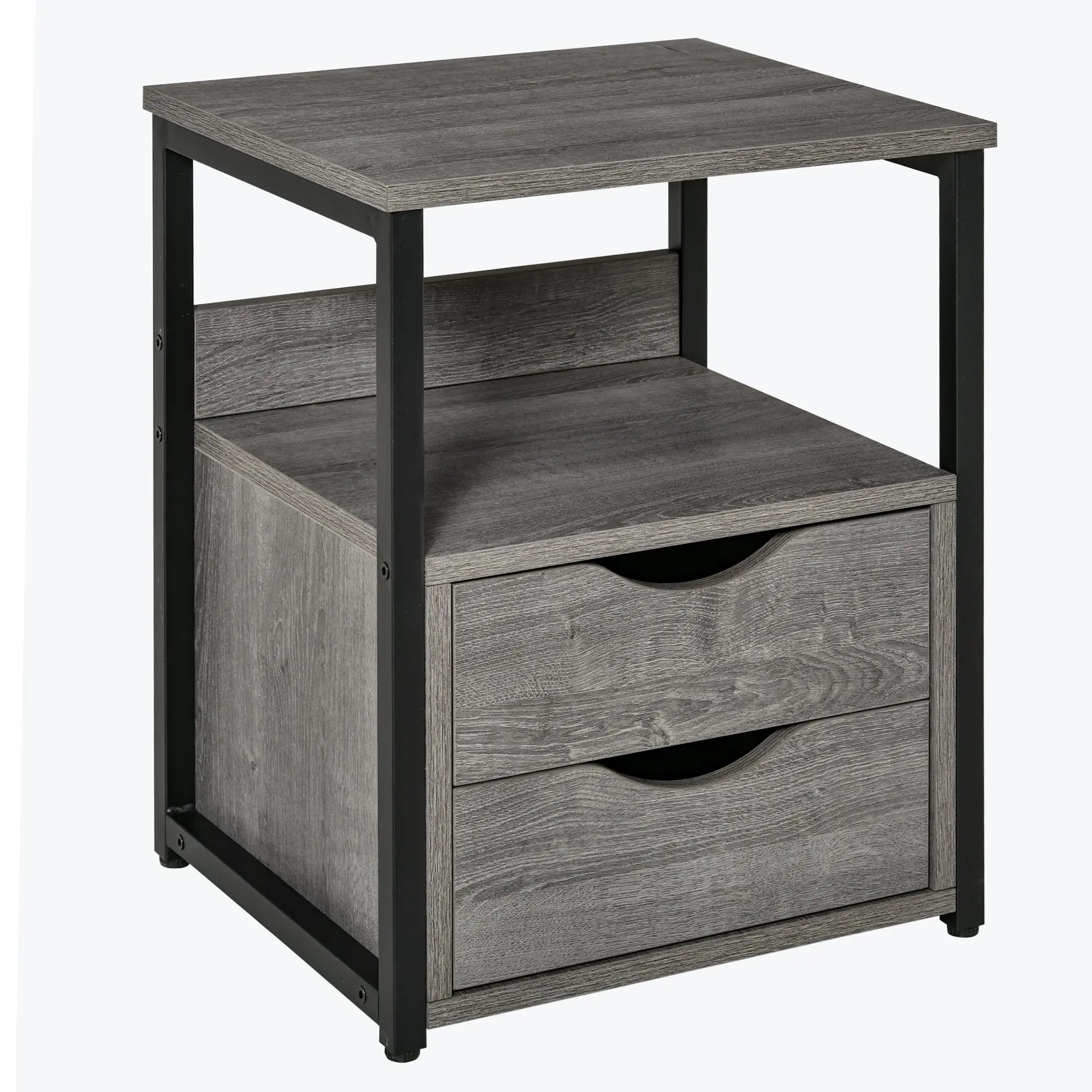 Industrial Nightstand with 2 Drawers & Storage Shelf, Grey