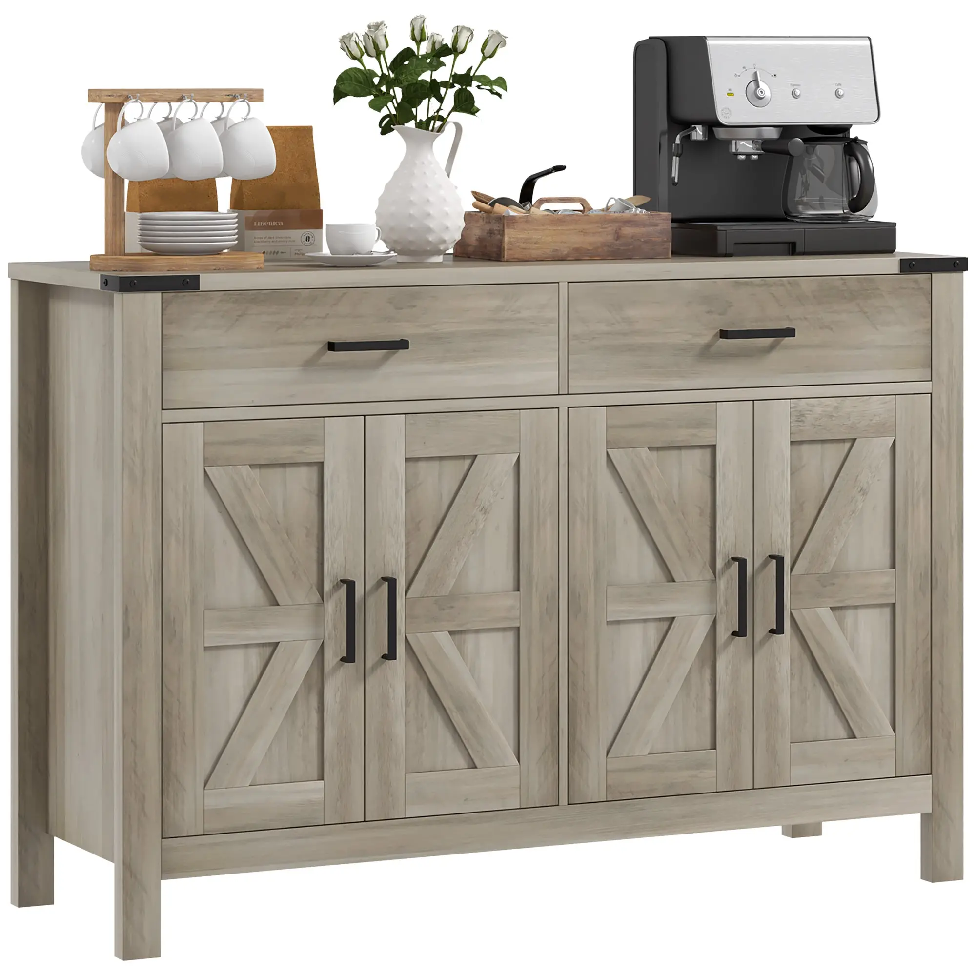 Farmhouse Sideboard with 2 Drawers 2 Cabinets & Barn Doors Adjustable Shelves, Grey