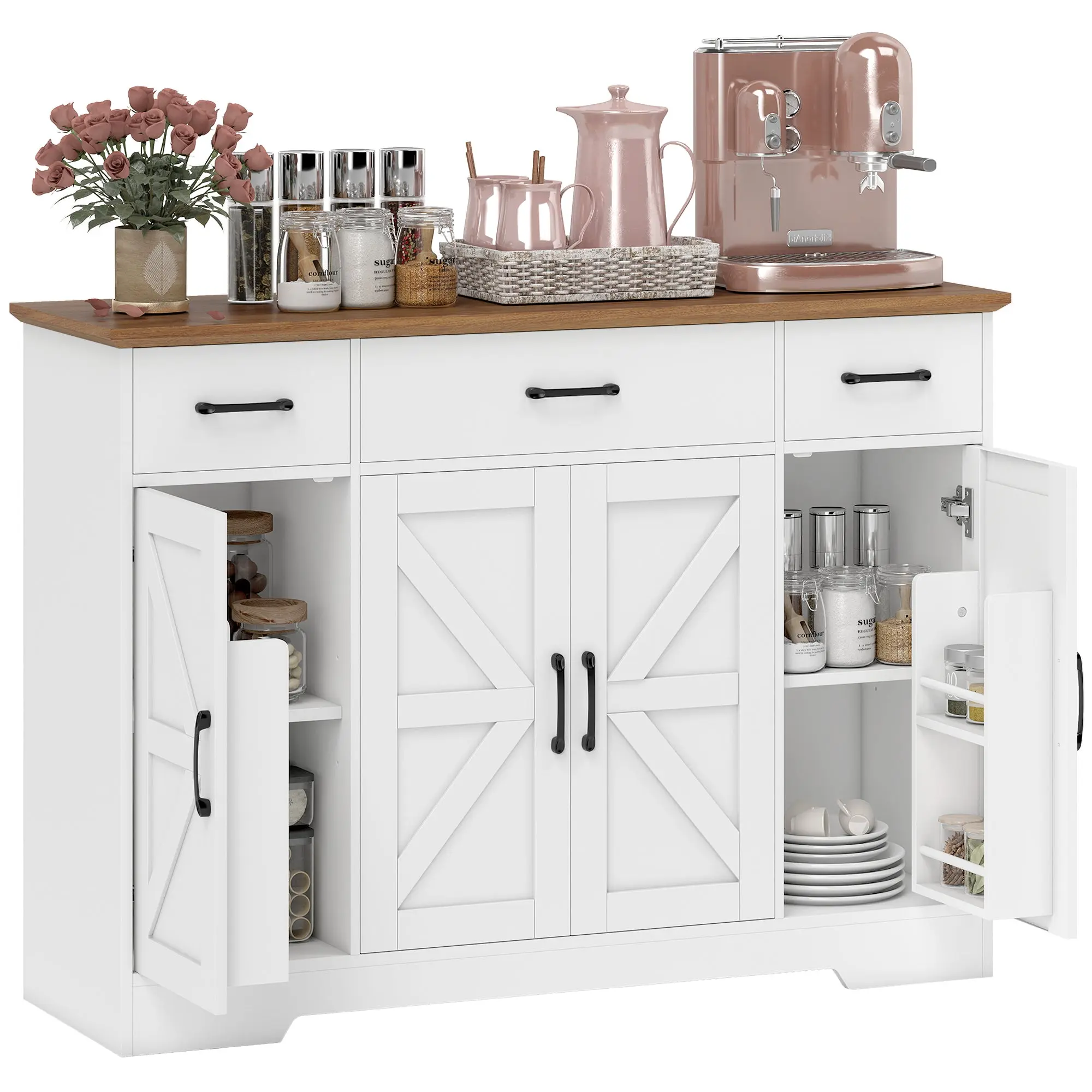47" Farmhouse Sideboard with Soft-Close Hinges, 3 Drawers & Spice Racks, White