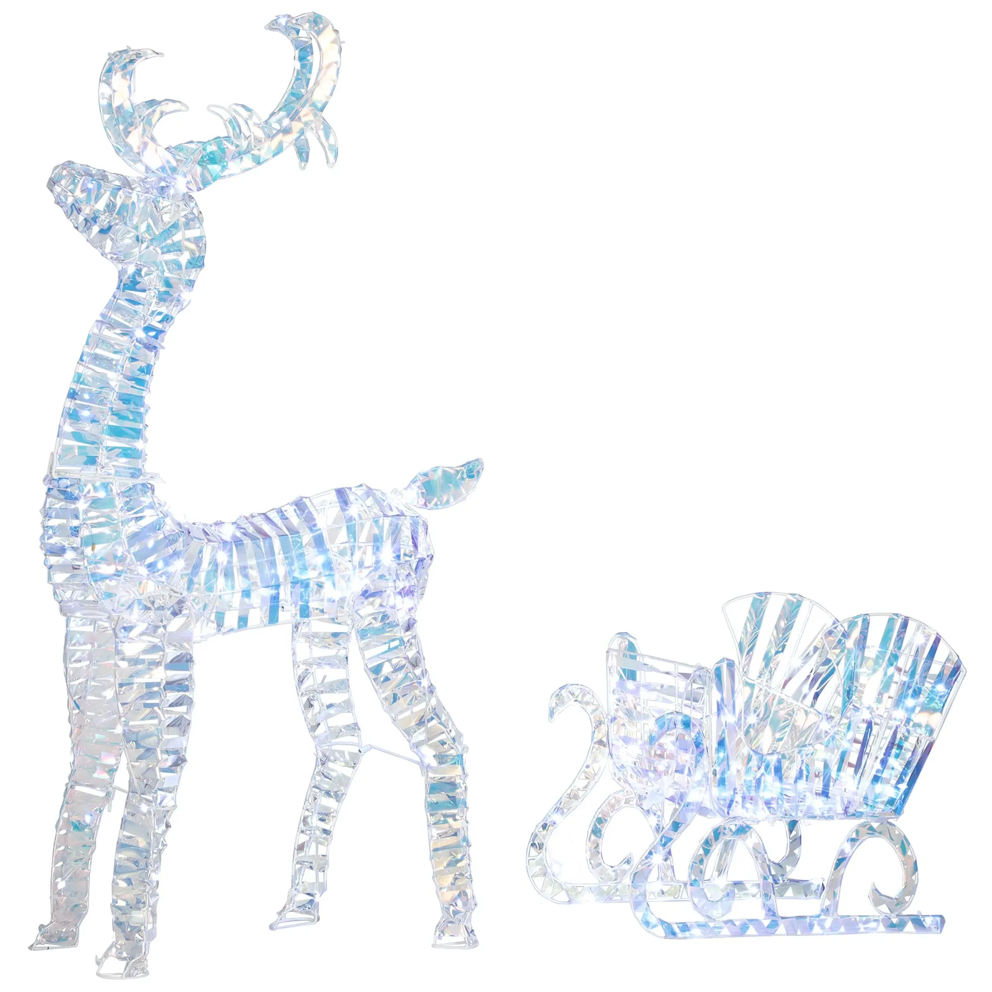 Lighted Christmas Reindeer with Sleigh, 170 Warm White LEDs, Stakes, Silver