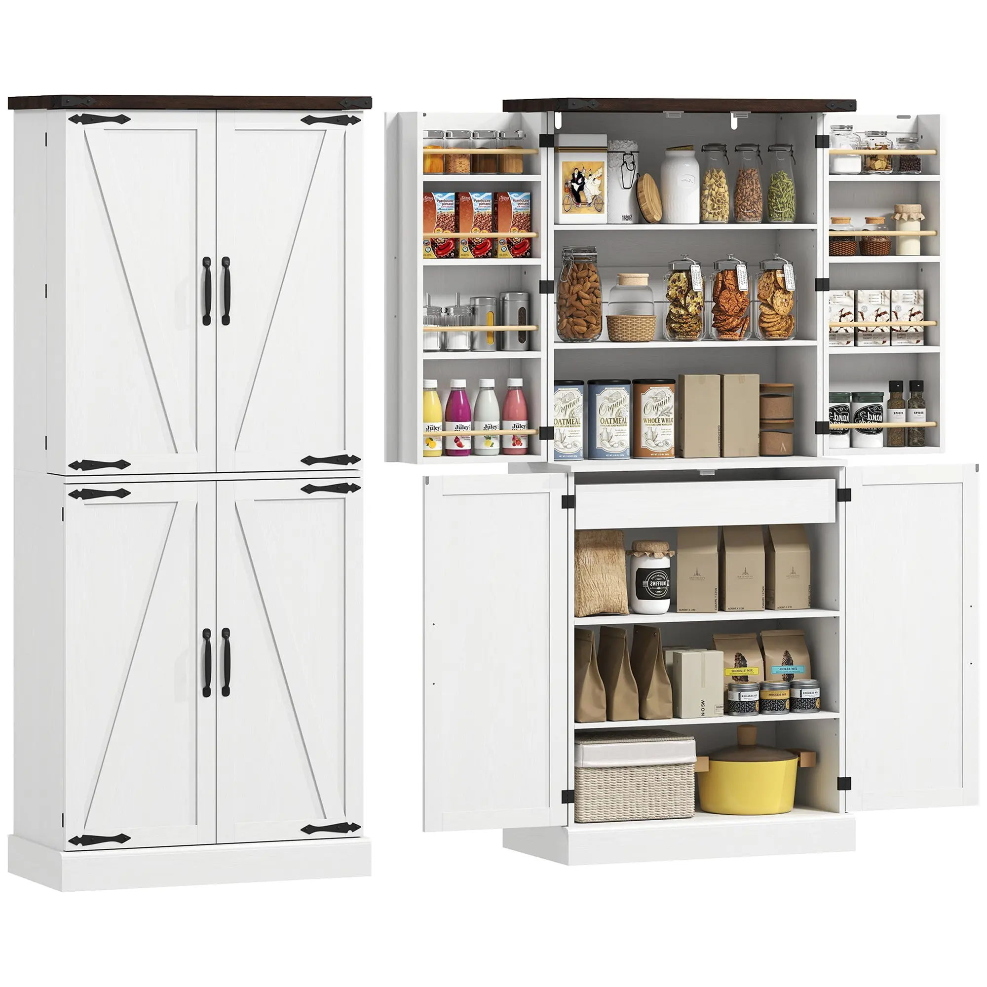72" Tall Pantry with Barn Doors, 8 Racks & Drawer, Adjustable Shelves, White