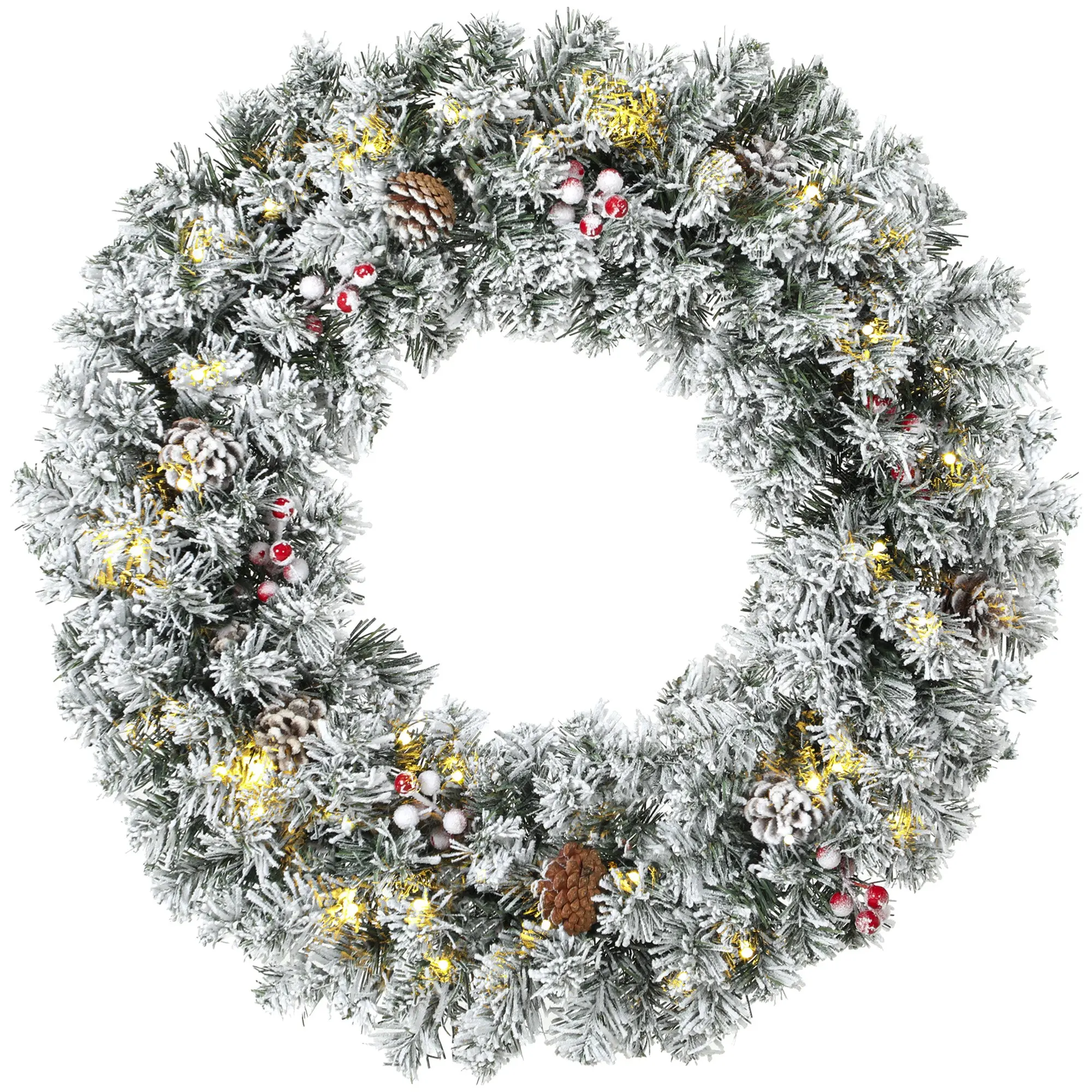 24 Inch Pre-Lit Flocked Winter Wreath with LED Lights for Front Door, Pine Cones & Berries, Green