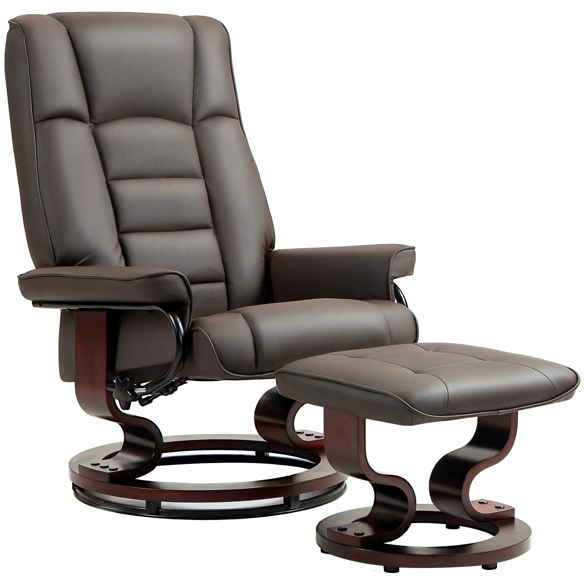 Faux Leather Recliner with Ottoman, Tufted Back and Wood Frame, Brown