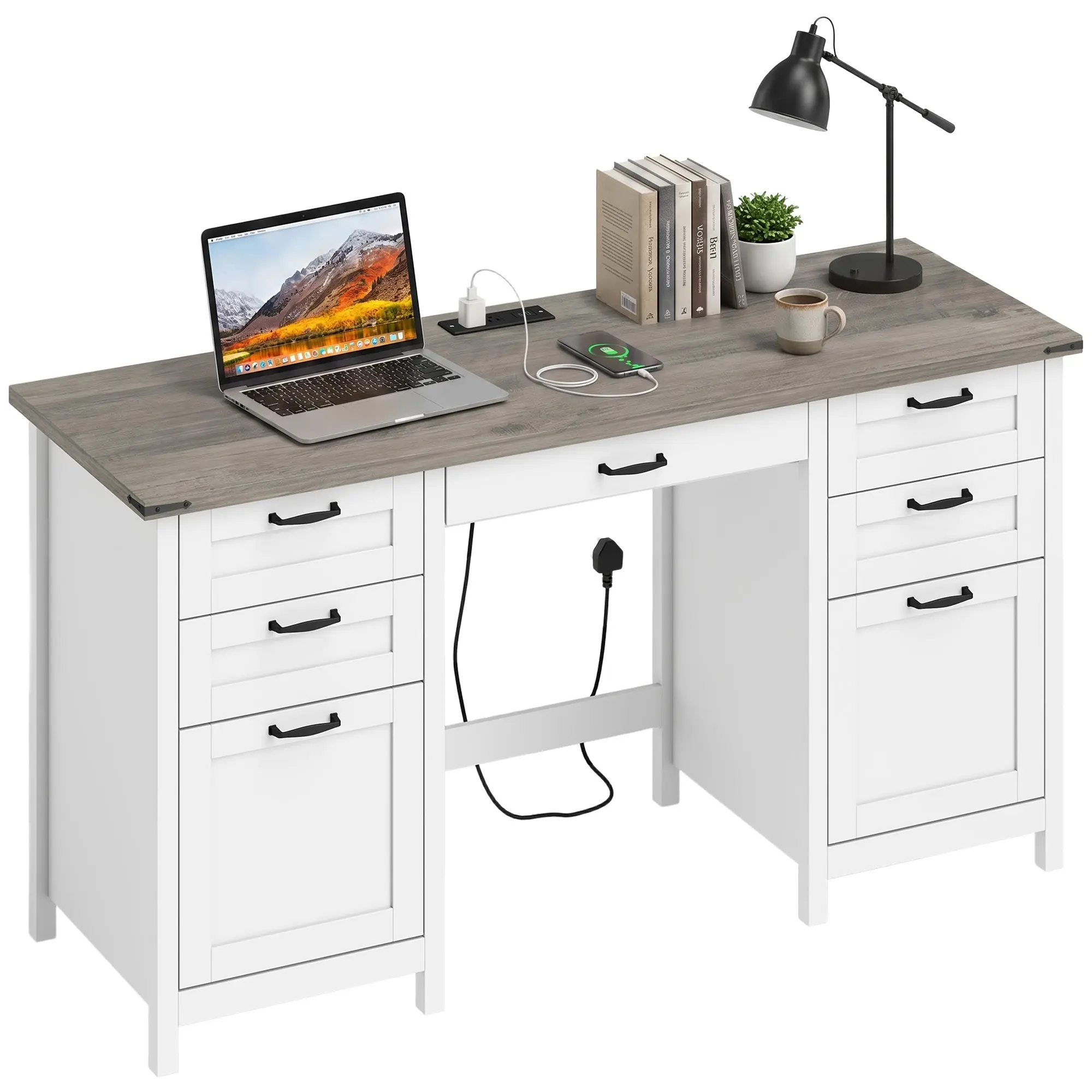 57" Executive Desk with 7 Drawers, Built-in Power & USB, Grey Brown and White