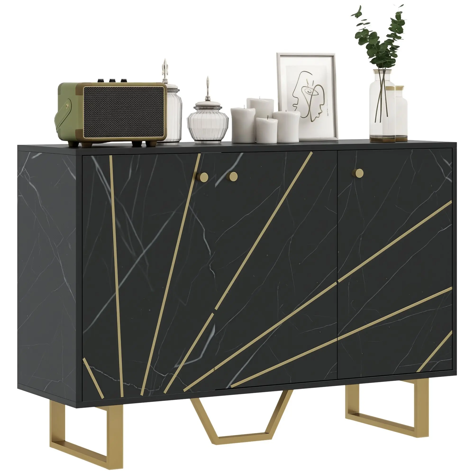 Sideboard Storage Cabinet with Adjustable Shelves and Metal Legs, Black Marble Tone
