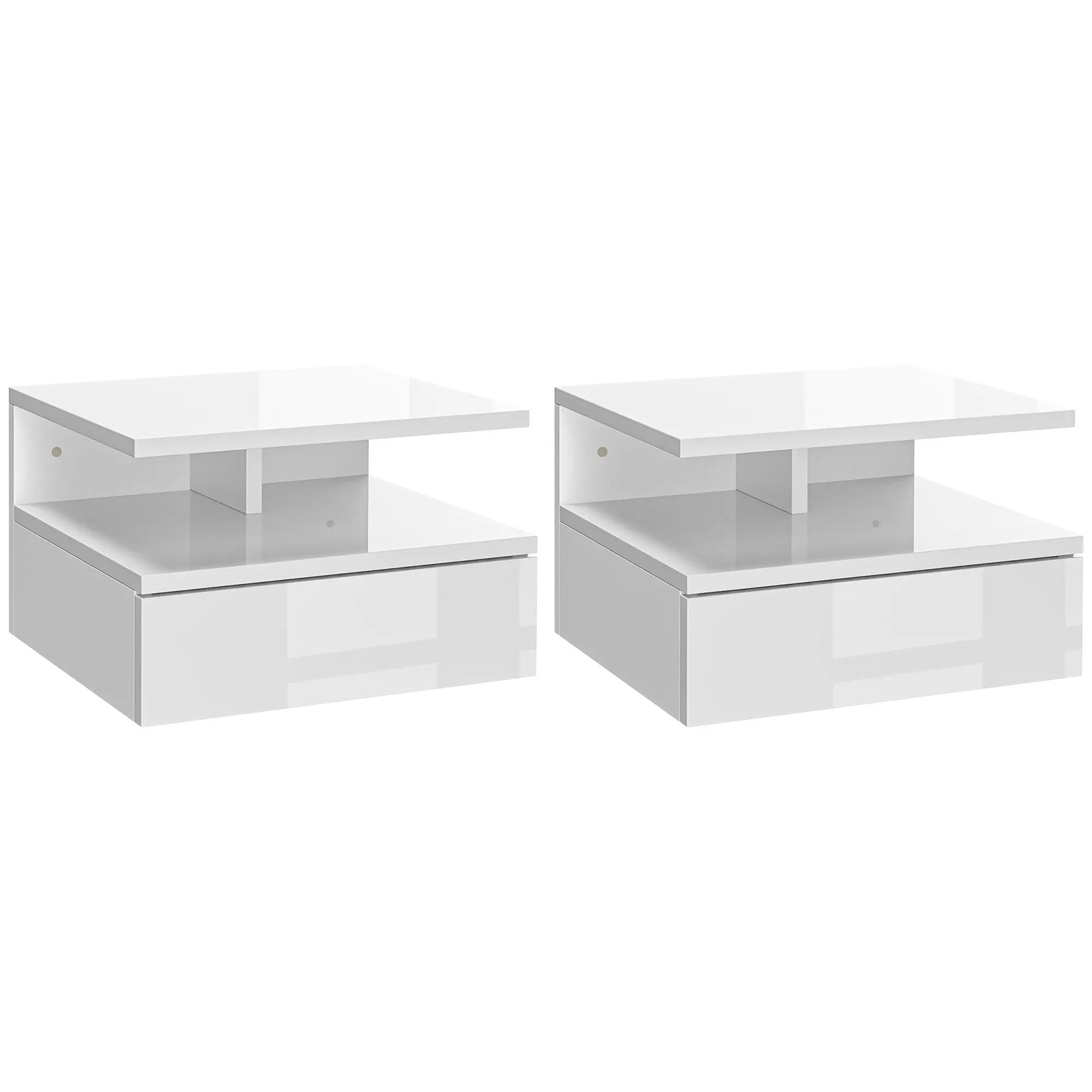 Floating Wall-Mount Bedside Set of 2 with Drawer & Open Shelf, High Gloss White