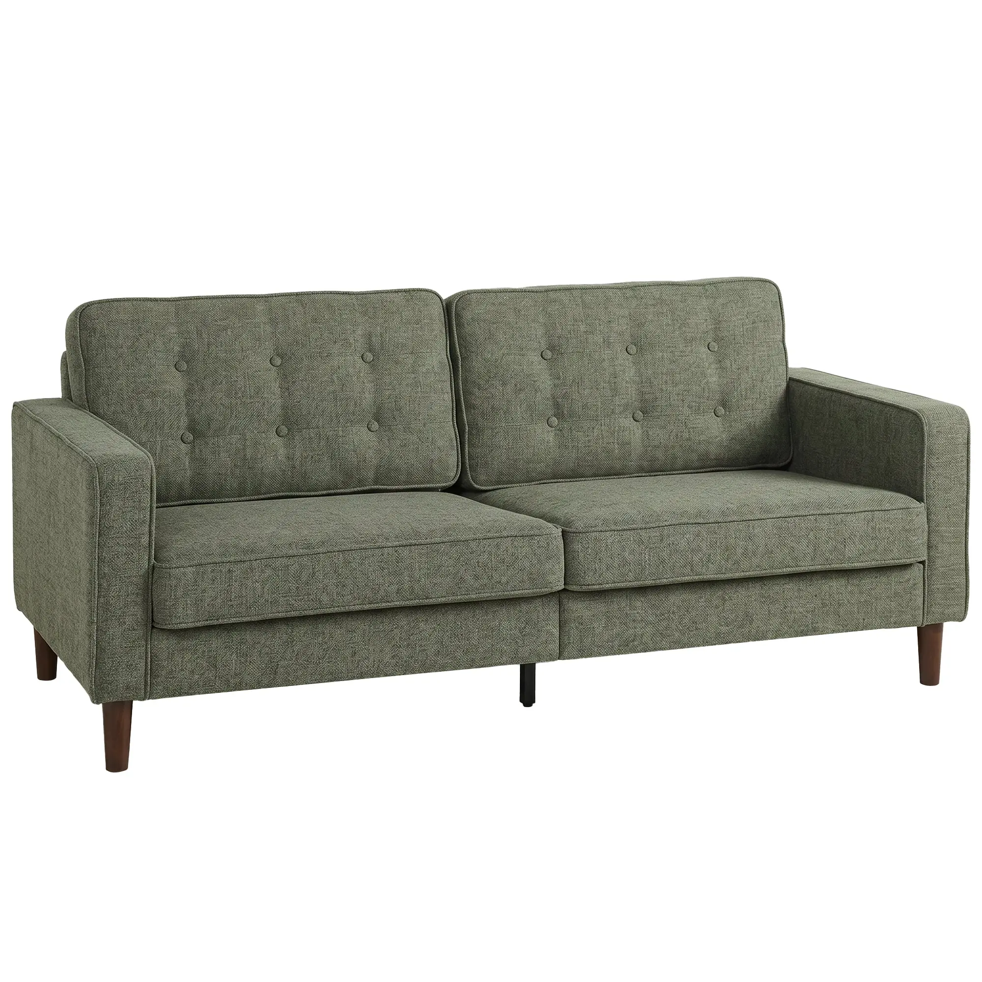 3-Seater Button-Tufted Upholstered Sofa with Padded Cushions & Wood Legs, Green