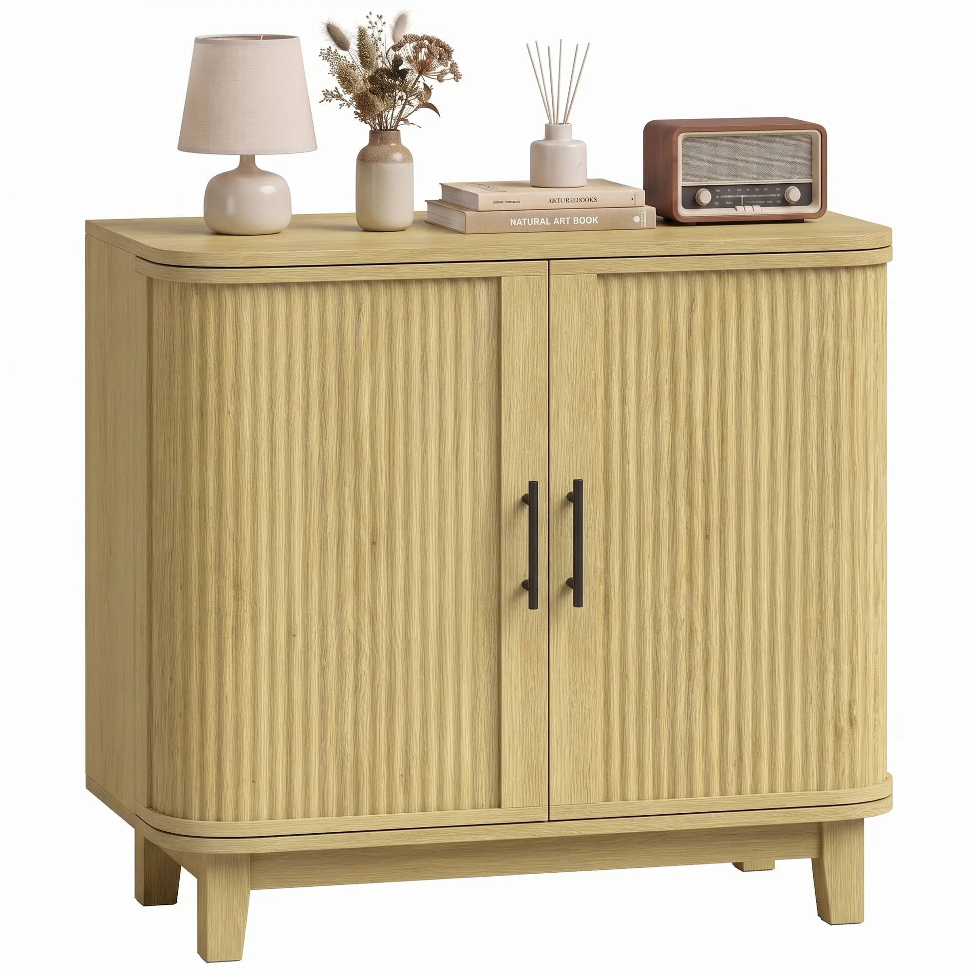 80cm Sideboard Buffet with 2 Curved Doors, Adjustable Shelf and Legs for Dining Room, Oak