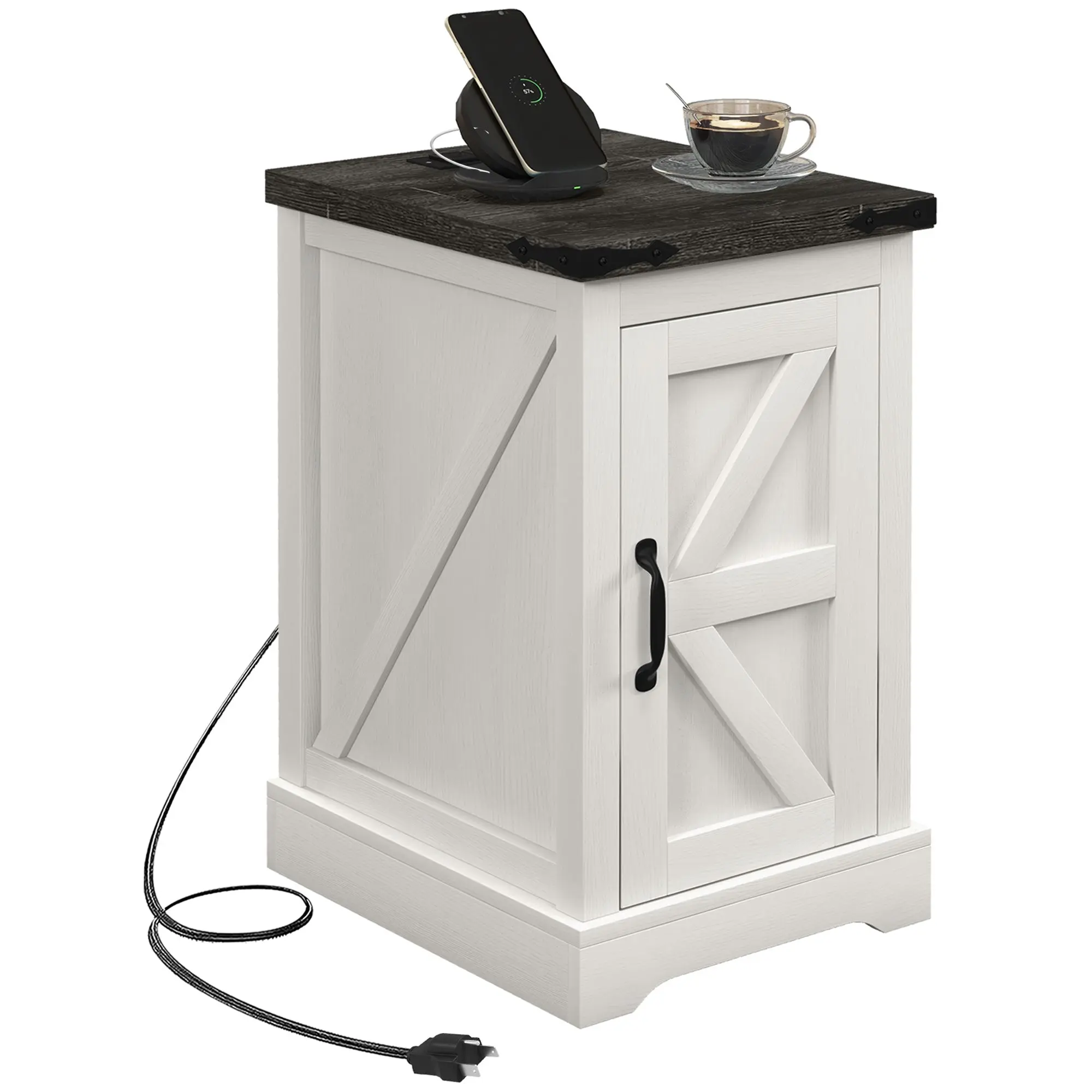 Farmhouse Storage End Table, Side Table w/ Charging Station & USB Ports, White